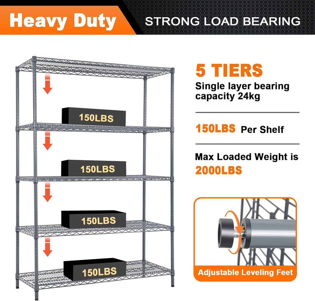 Land Guard 5 Tier Storage Racks and Shelving - 48' L x 20' W x 72' H Heavy Steel Material Pantry Shelves - Each Unit Loads 350 Pounds Wire Shelf, Suitable for Warehouses, Closets, Kitchens…