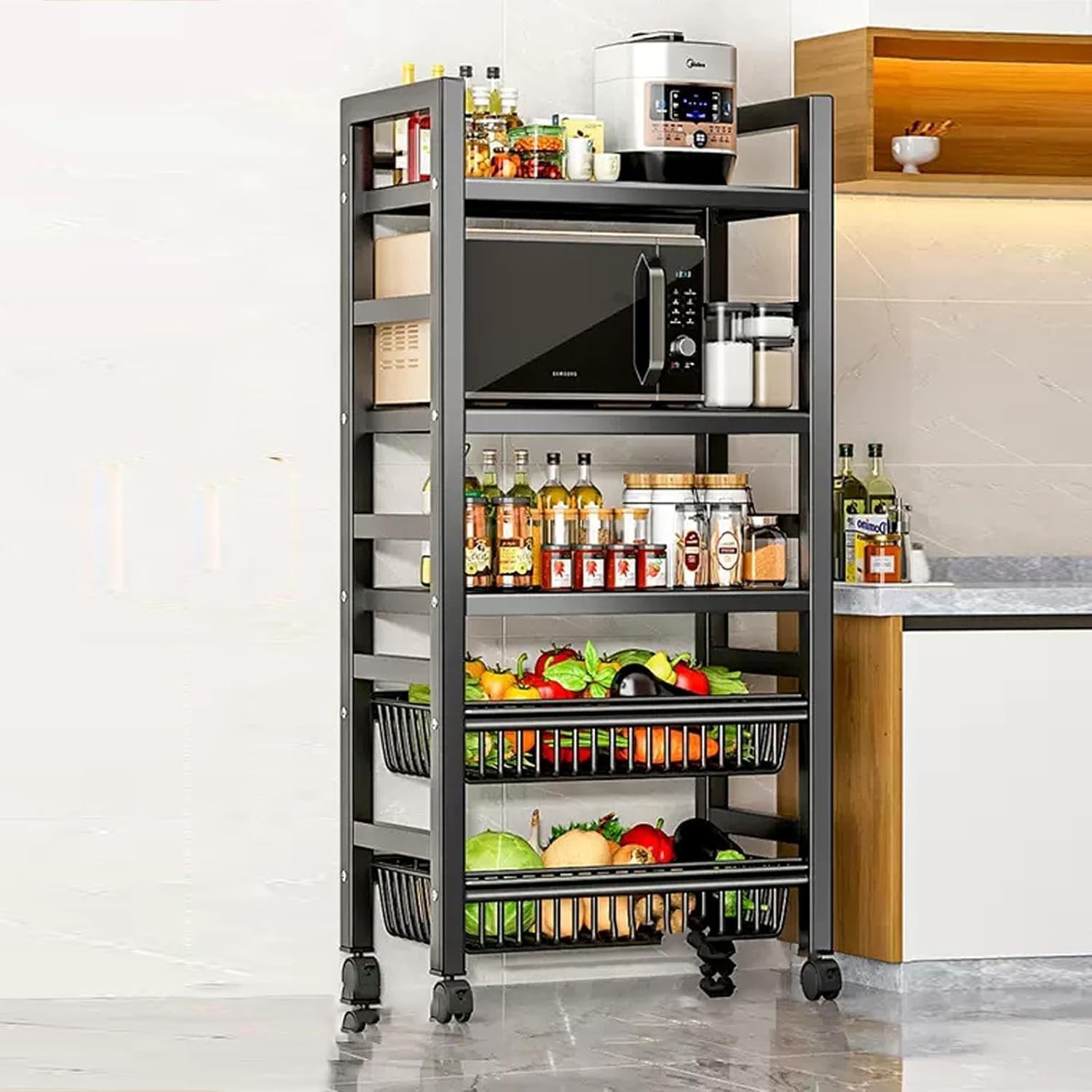 Rolling Kitchen Microwave Cart with Wheels Heavy Duty Bakers Rack Storage Unit Metal Shelves & Fruit Vegetable Basket Perfect for Living Room Dining Room & Coffee Bar