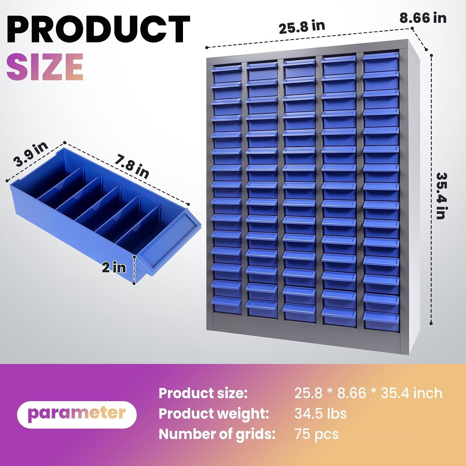 Professional 75-Drawer Bolt Organizer, Industrial Parts Cabinet with Alloy Steel Frame and ABS Bins, Nuts and Bolts Organizers and Storage with Labels, Space-Saving Hardware Organizer for Workshop