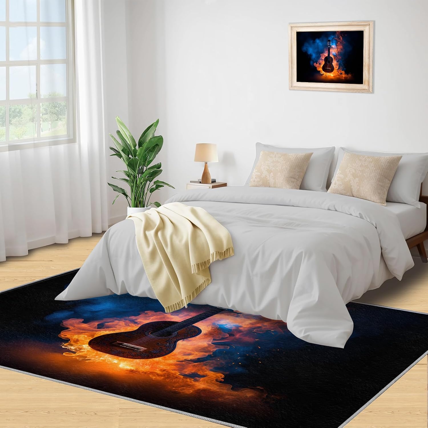 Guitar Rugs for Music Room - Music Rug, 6x8 Rug, Boys Musical Washable Rugs for Living Room Bedroom, Burning Area Rug, Rock and Roll Carpet - Home Decor, Electric Guitars Gifts for Men