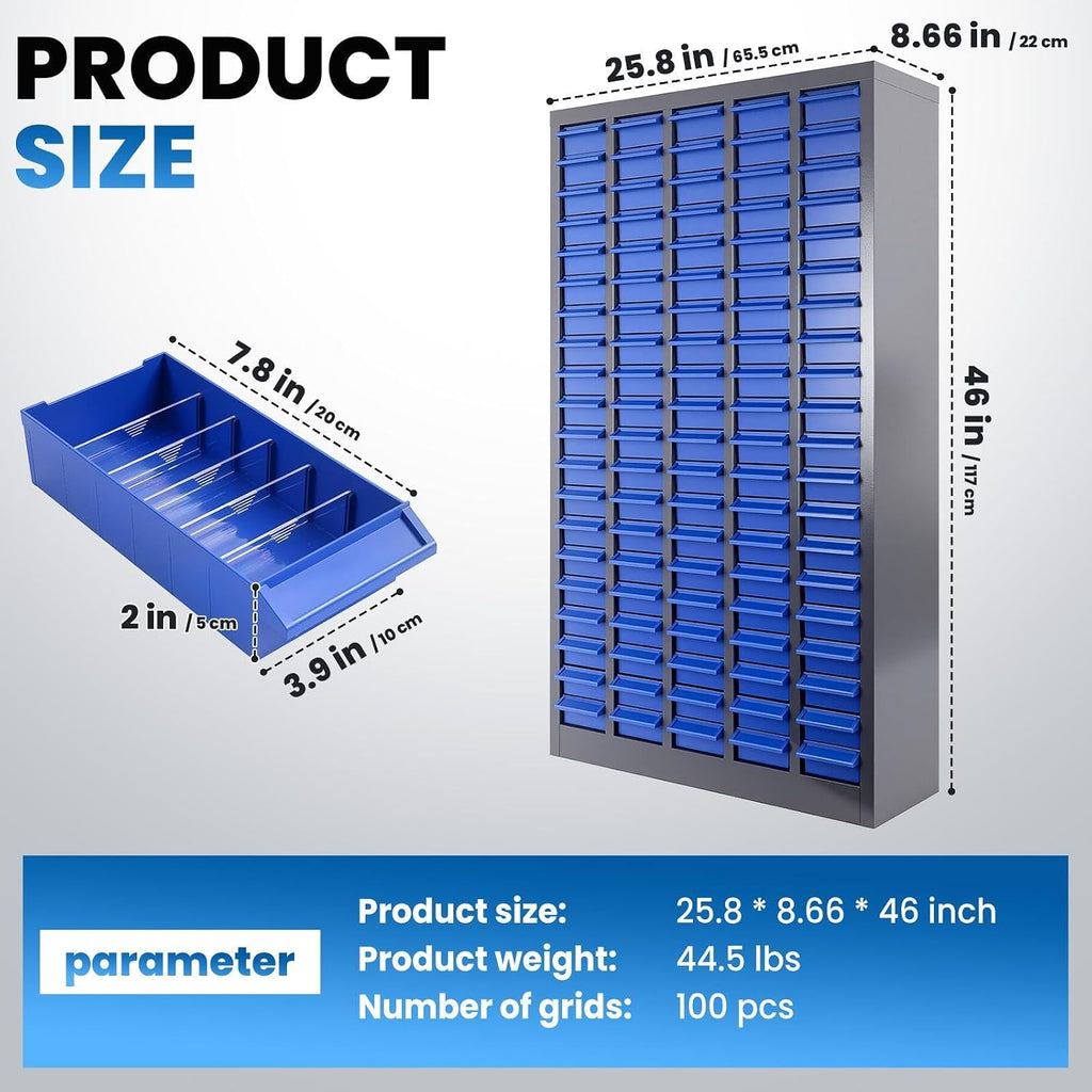 100 Drawers Parts Cabinet, Bolt and Nut Parts Equipment Organizer, ABS Material Drawer with Label Stickers, for Garage, Shop, Office, Sliver&Blue