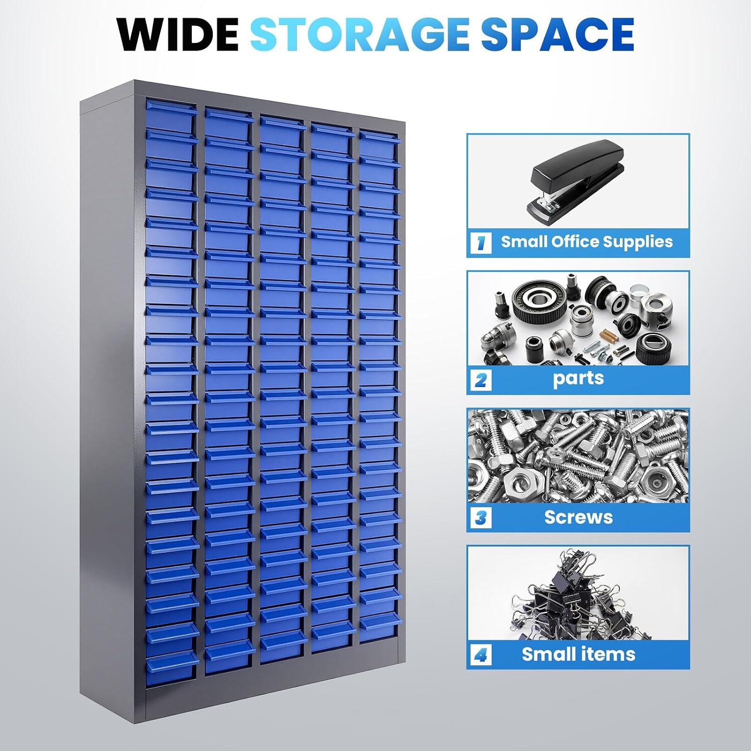 100 Drawer Parts Cabinet, ABS Material Nut and Bolt Organizer, Bolt Bins Organizer for Shop with Shelf and Label, Bolt Bins for Storing Sample, Metals and Electronic Element, Blue