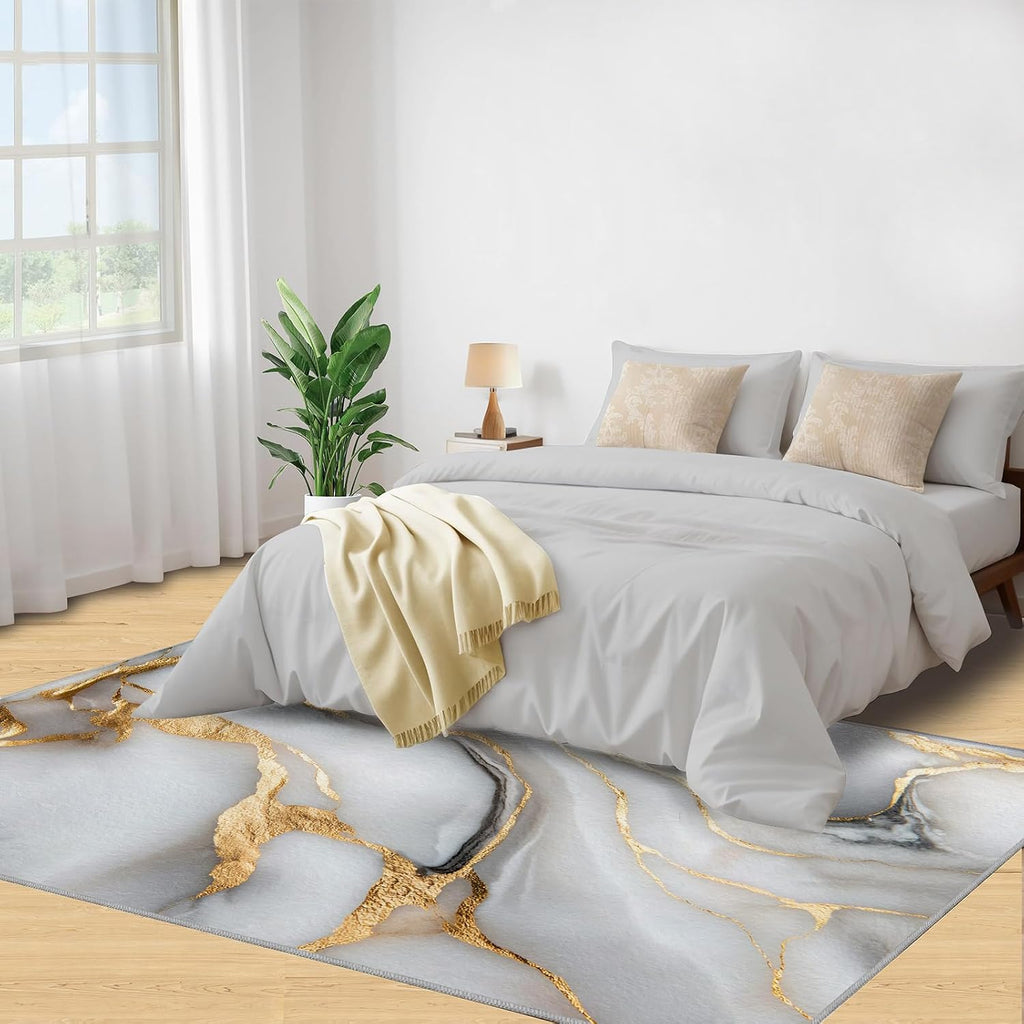White Gold Marble Rug Large - 6x8 Rug, Light Luxury Washable Rugs for Living Room, Modern Abstract Carpet, Contemporary Non-Slip Area Rugs for Bedroom, Aesthetic Carpet, Marble Home Decor