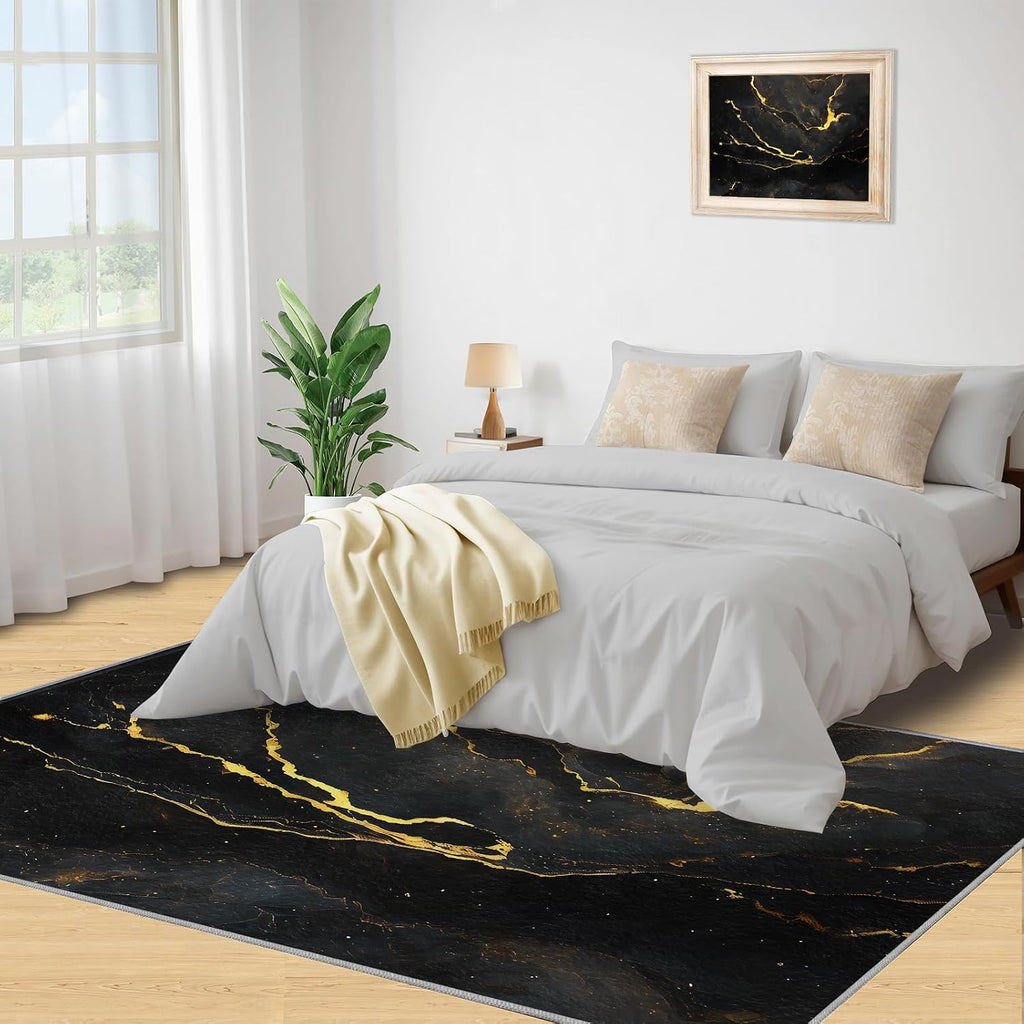 Black Marble Area Rug, Modern Abstract Fashion Gold Rugs for Living Room, Easy Clean Carpet Washable Indoor Non-Slip Rug for Boys and Girls Nursery Bed Living Room Carpets Nursery Decor,6 x 8ft