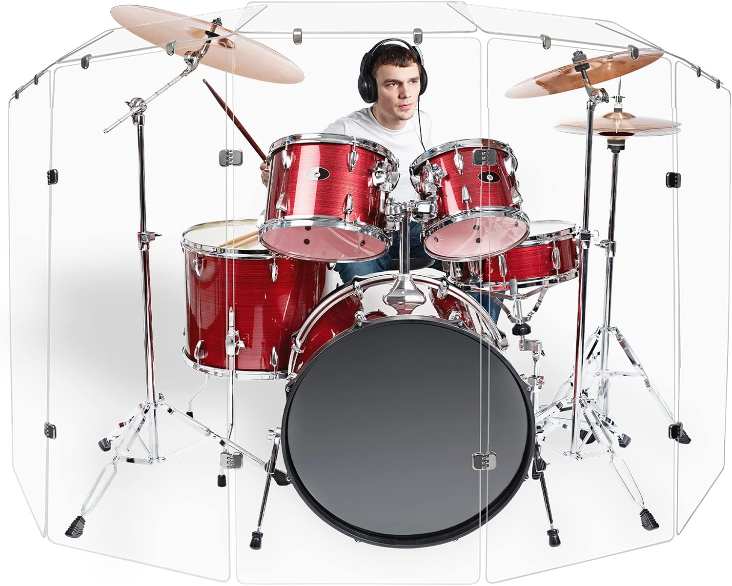 PENNZONI Drum Shield 4ft w/Deflectors & Chrome Hinges, Comes w/ 5 Drum Panels, 5 Deflectors, Chrome Hinges & Deflector Connectors, Premium Clear Acrylic Panels