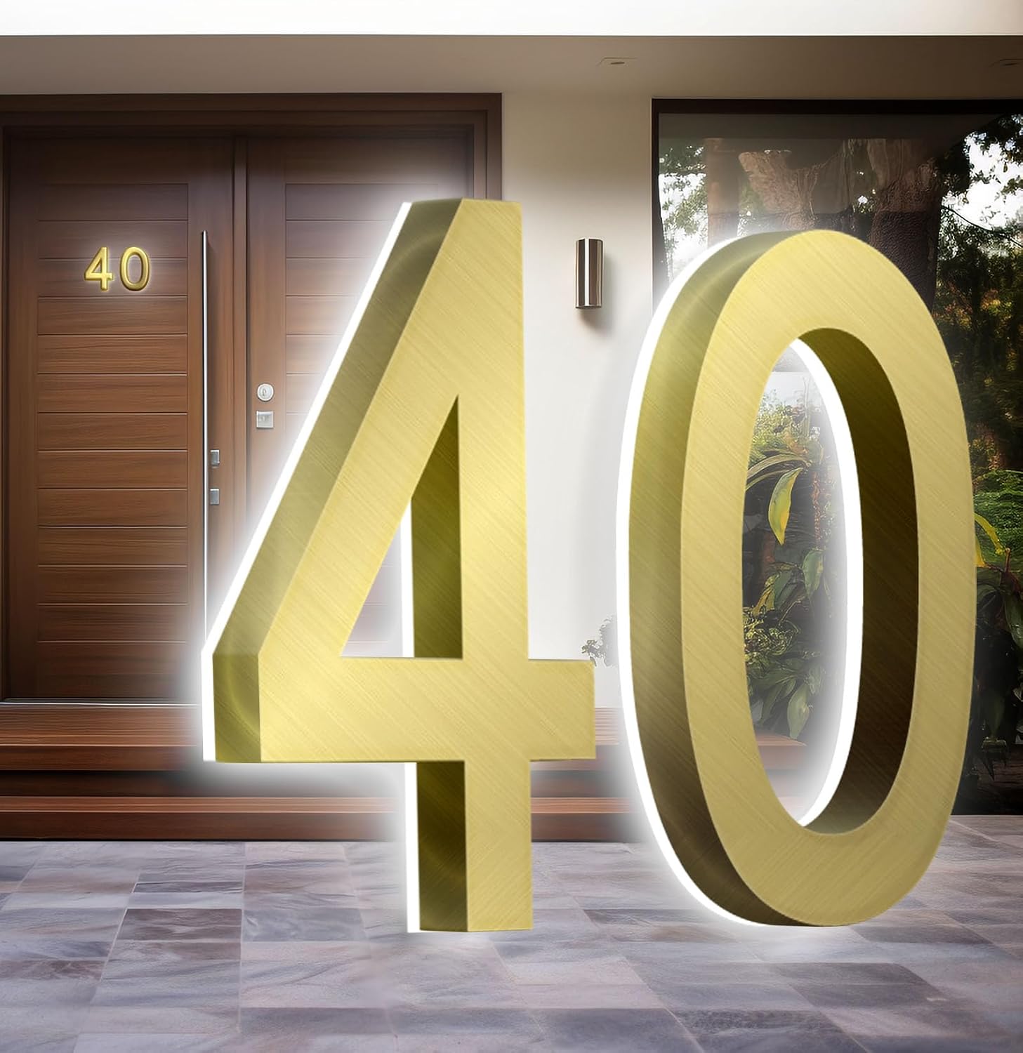 Backlit LED Illuminated Door Number, Gold Brushed Stainless Steel, LED Illuminated Home Address Number, Modern Lighted House Numbers.