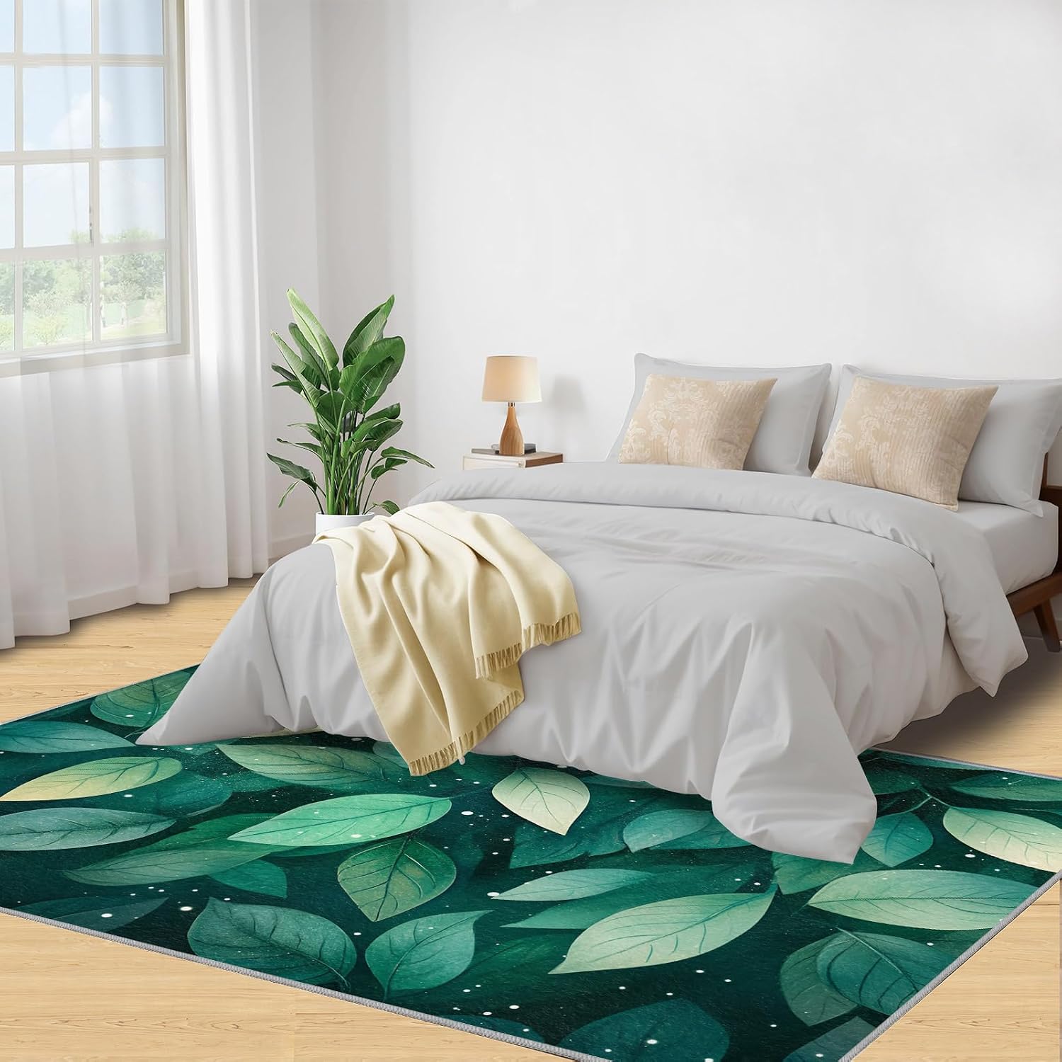 Green Leaves Rug 6x8-6x8 Rug, Modern Area Rugs for Living Room Bedroom, Green Botanical Area Rugs, Watercolor Plant Washable Carpet, Botanical Carpet, Leaves Home Decor & Gifts