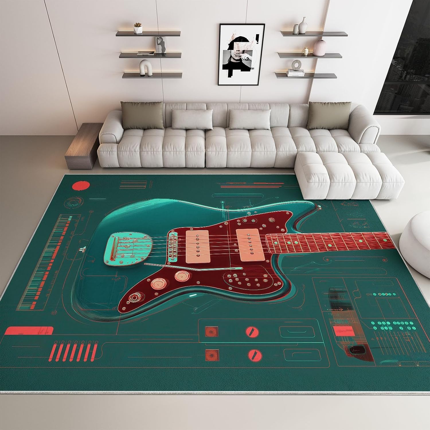 Retro Low-Pile Rug Electric Guitar Graphic 5 x 7 ft Area Rug, Dark Green Non-Slip Carpet Floor Mat Indoor Outdoor Rugs for Living Room Bedroom Kids Room Home Decor Throw Runner