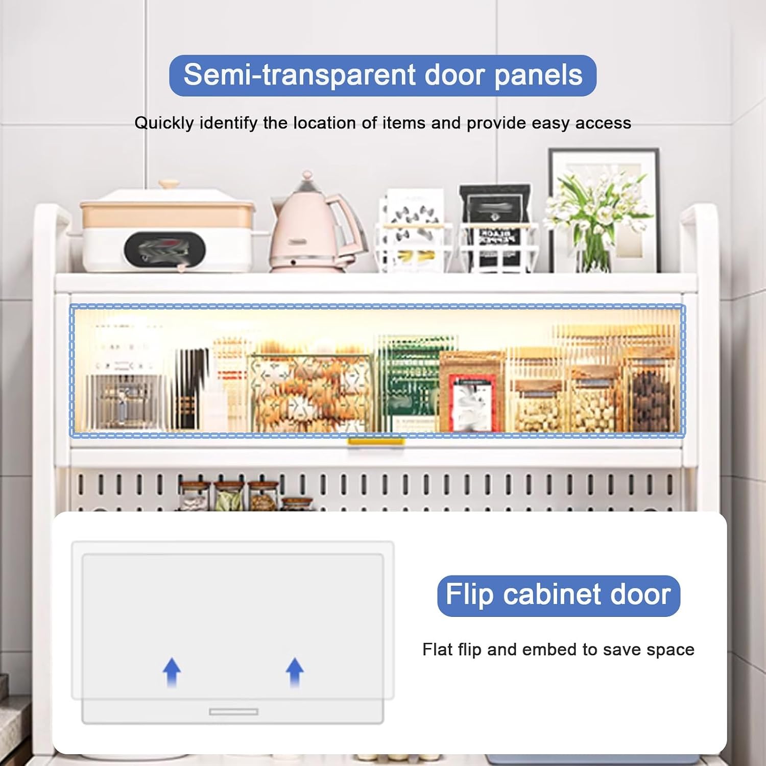 Microwave Stand, White Bakers Rack with Storage, Kitchen Hutch Pantry with See-Through Door Panels for Living Room, Study, Office