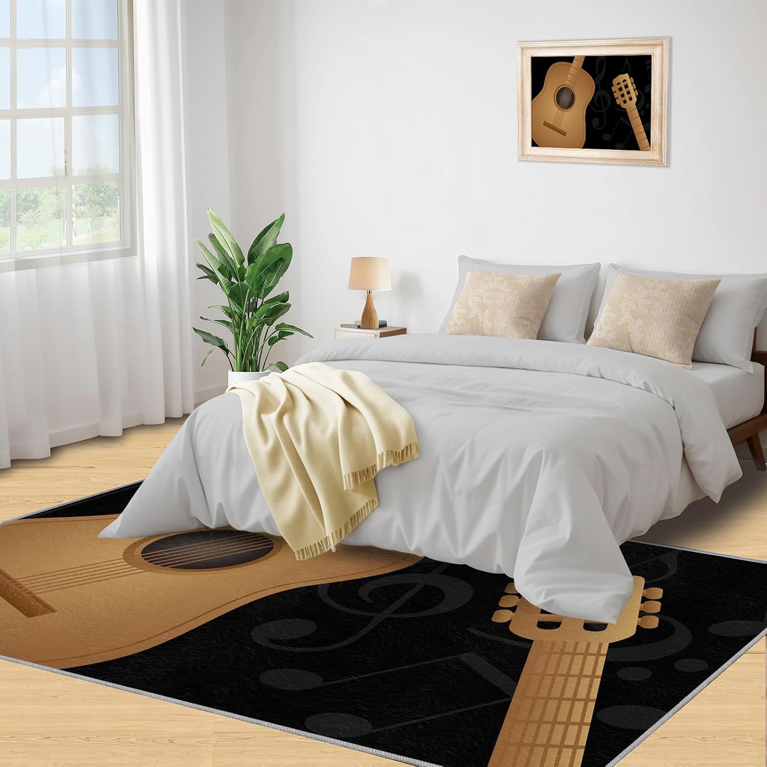 Classical Guitar Music Area Rug, Modern Black Rugs for Living Room, Indoor Non-Slip Kids Rugs, Machine Washable Breathable Durable Carpet for Front Entrance Floor Decor,8 x 10ft
