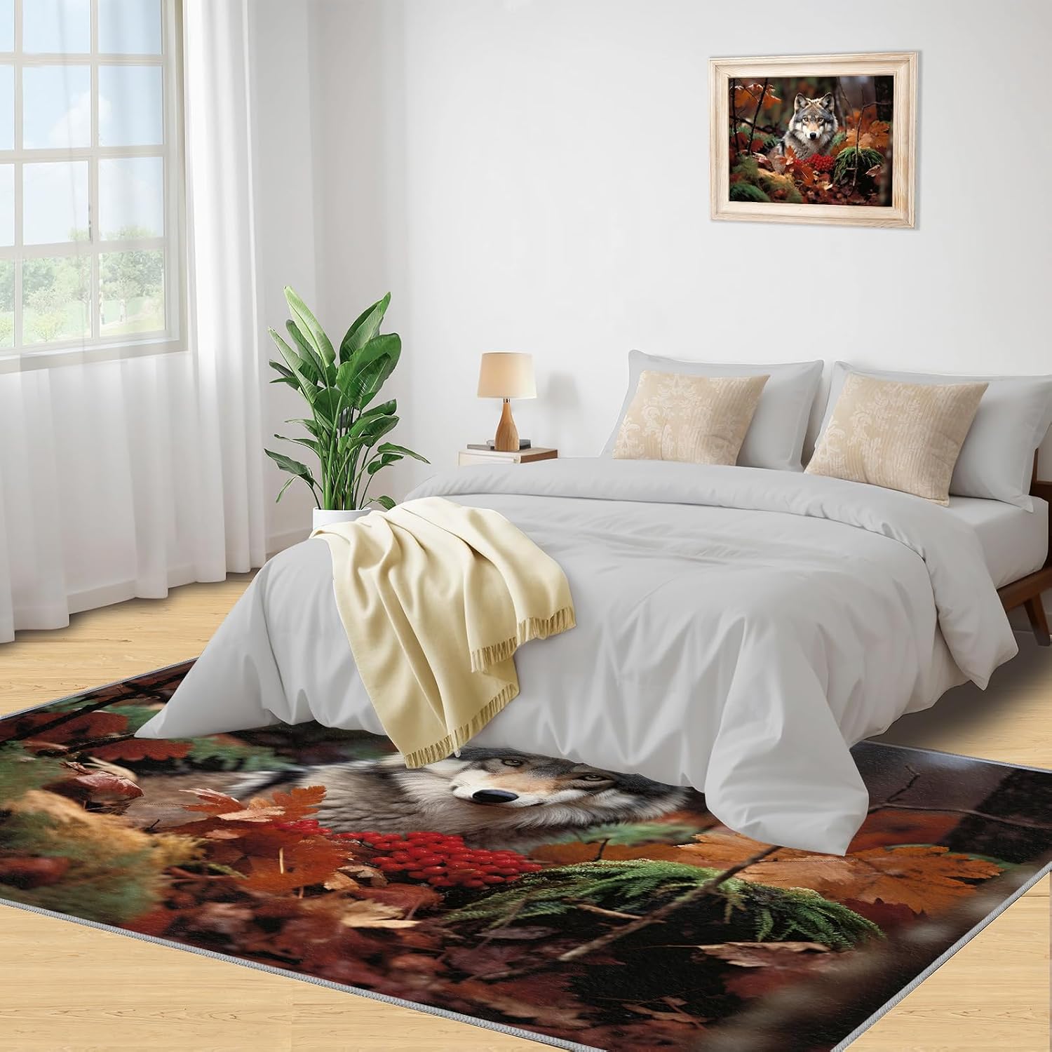 3D Wolf Rug for Kids Room - 6x8 Large Rug, Wild Animal Rugs for Bedroom Autumn Forest Wolf Area Rugs for Living Room Home Decor Washable Rug