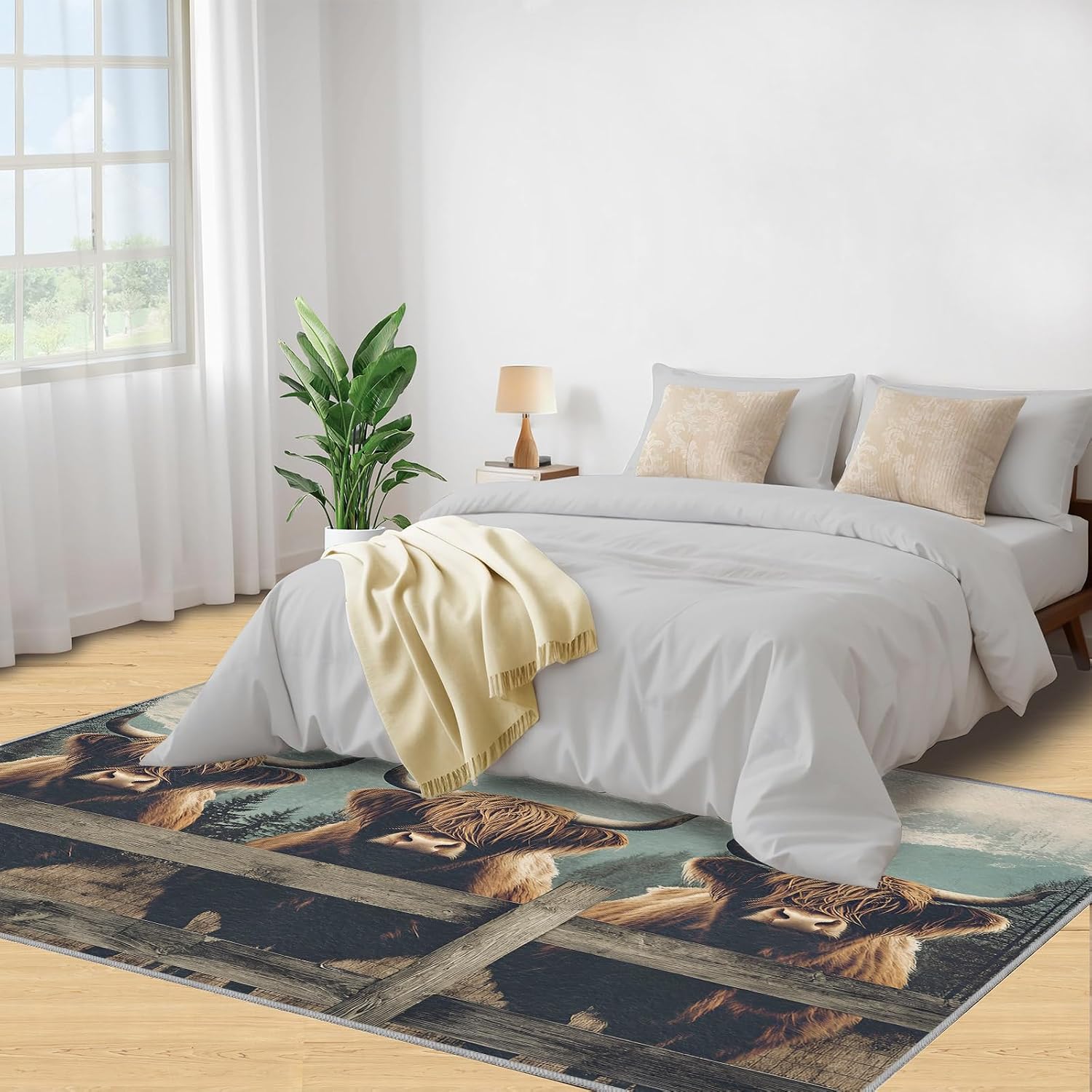 Highland Cattle Rug, Farmhouse Rugs for Bedroom 5x7 Rug, Cow Area Rug, Rugs for Living Room, Non Slip Washable Carpet for Kids Room Home Decor