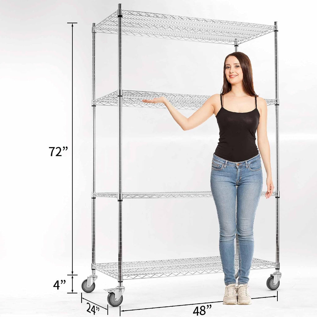 Rolling Shelves With Wheels Storage Rack With Wheels Wire Racks Rolling Wire Shelves on Wheels Stainless Steel Metal Shelving With Wheels for Garage Kitchen Pantry(48'L x 24'W x 76'H 4-Tier) (Chrome)