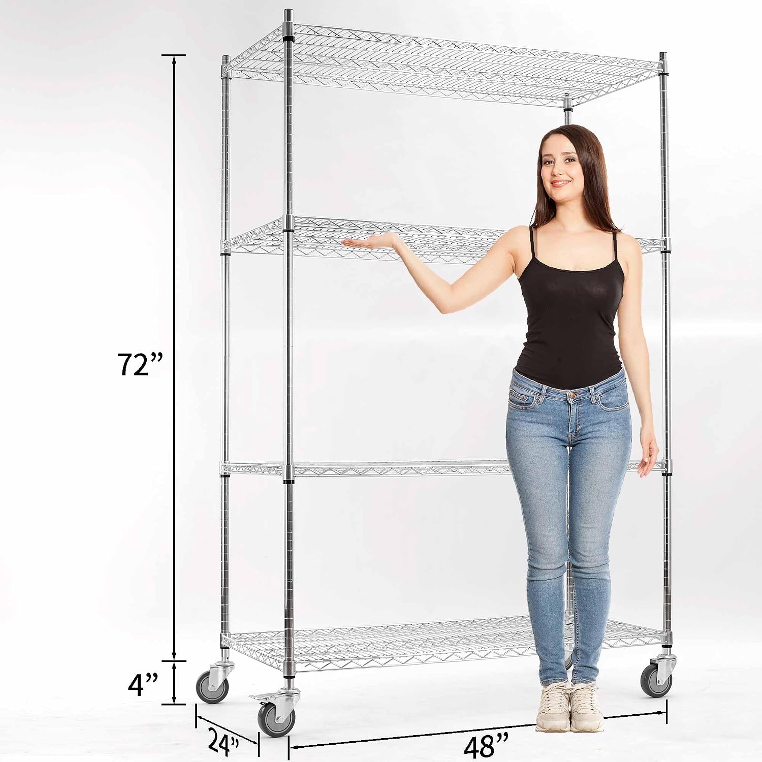 Rolling Shelves With Wheels Storage Rack With Wheels Wire Racks Rolling Wire Shelves on Wheels Stainless Steel Metal Shelving With Wheels for Garage Kitchen Pantry(48'L x 24'W x 76'H 4-Tier) (Chrome)