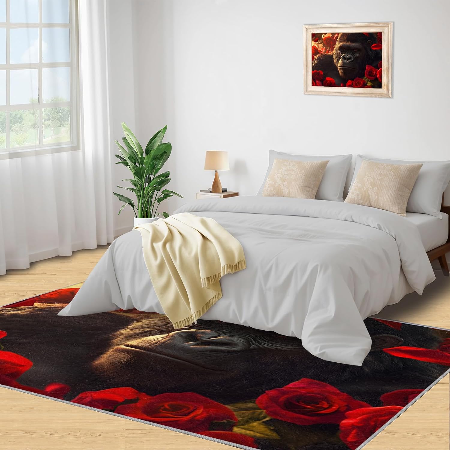 6x8 Gorilla Area Rug - Chimpanzee Large Rugs for Living Room, Romantic Red Roses Gorilla Carpet Area Rug for Girls Bedroom Kids Room Basement Office Classroom
