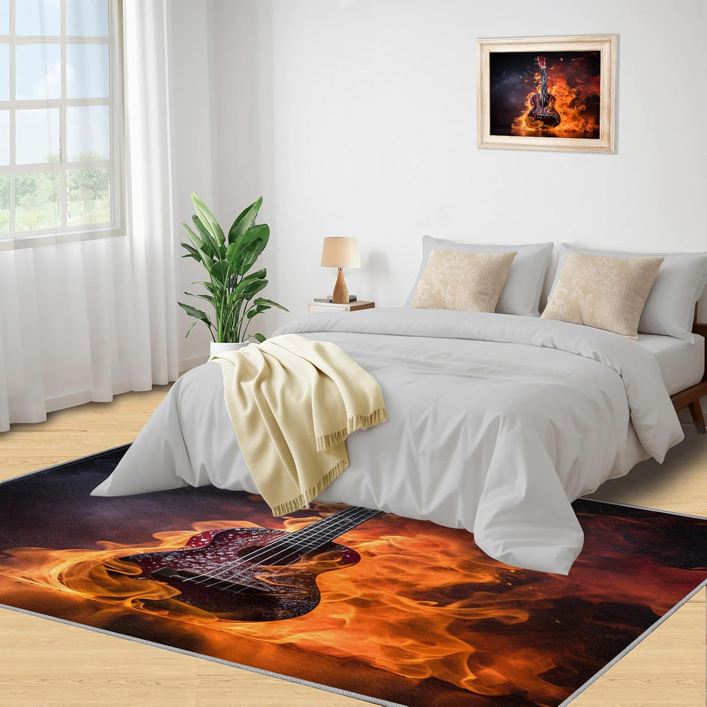 Flame Guitar Area Rug 5.3x6.6ft Rock Band Rugs for Boy Room, Cool Electric Guitar Kids Rug, Non-Slip Low Pile Carpet for Music Lovers Bedroom Band Music Room Recording Studio