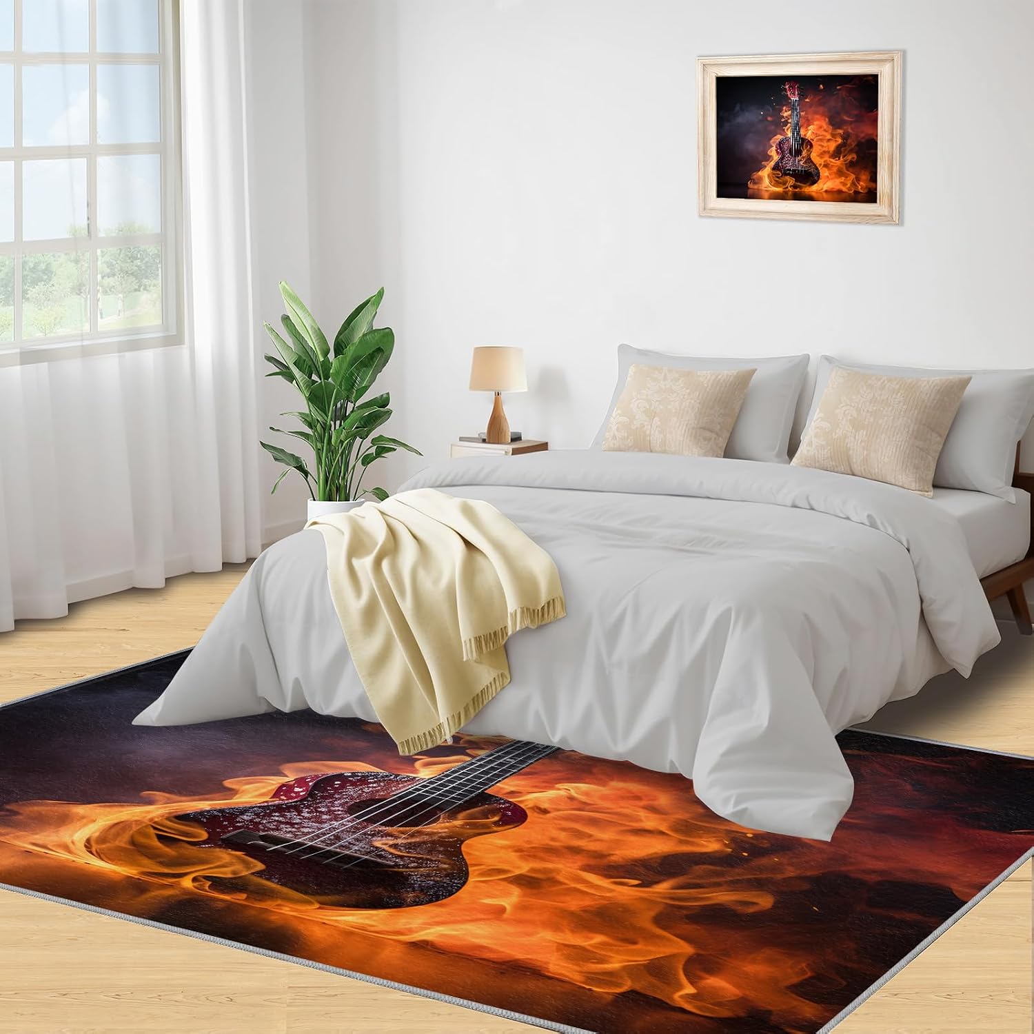 Flame Guitar Area Rug 8x10ft Rock Band Rugs for Boy Room, Cool Electric Guitar Kids Rug, Non-Slip Low Pile Carpet for Music Lovers Bedroom Band Music Room Recording Studio