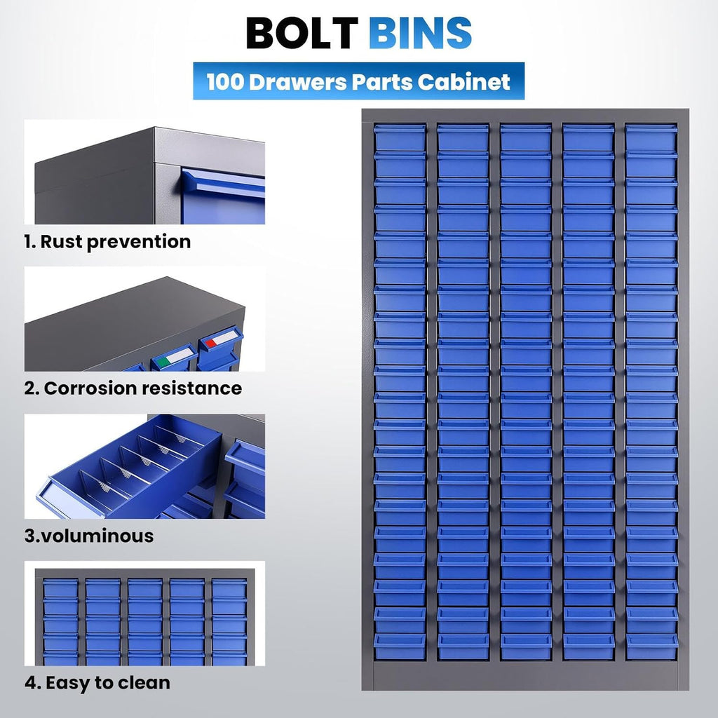 100 Drawers Parts Cabinet, Bolt and Nut Parts Equipment Organizer, ABS Material Drawer with Label Stickers, for Garage, Shop, Office, Sliver&Blue