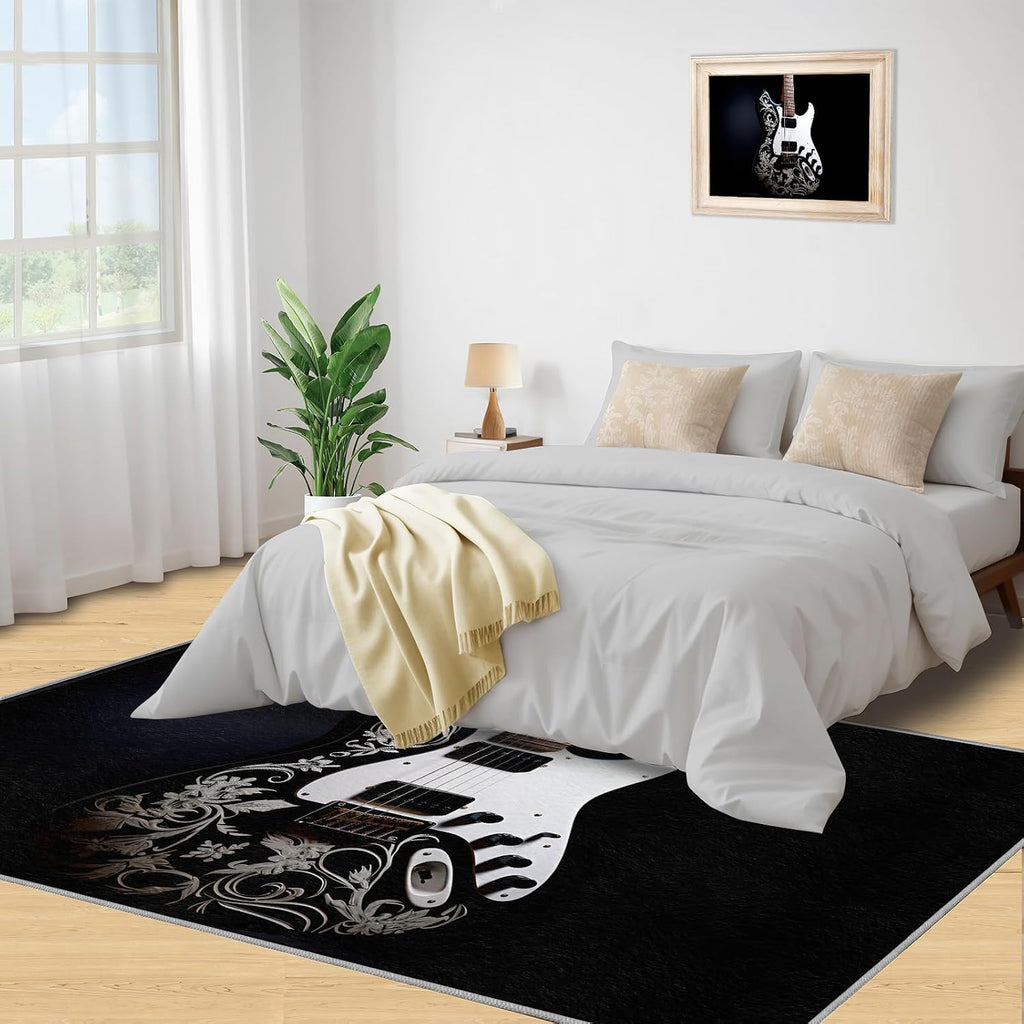 Guitar Rugs for Music Room - 5x7 Rug, Music Home Decor, Boys Musical Washable Rugs for Living Room Bedroom, Black Area Rug, Rock and Roll Carpet, Electric Guitars Gifts for Men