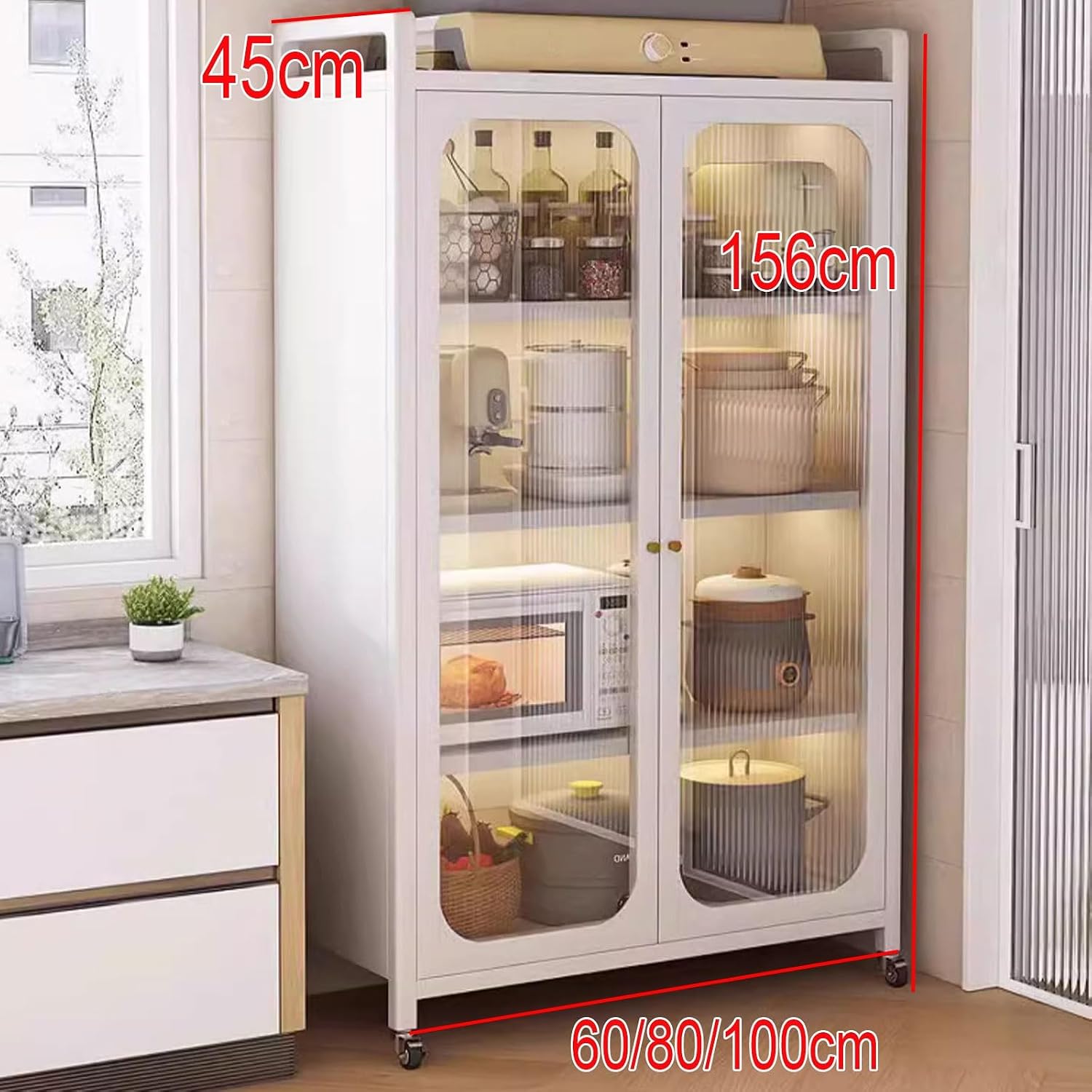 Microwave Cabinet with Storage 5-Tier Made of Carbon Steel Baker's Rack with Rolling Wheels and 6 Hooks Kitchen Shelves Freestanding for Spices(60 * 45 * 156CM)