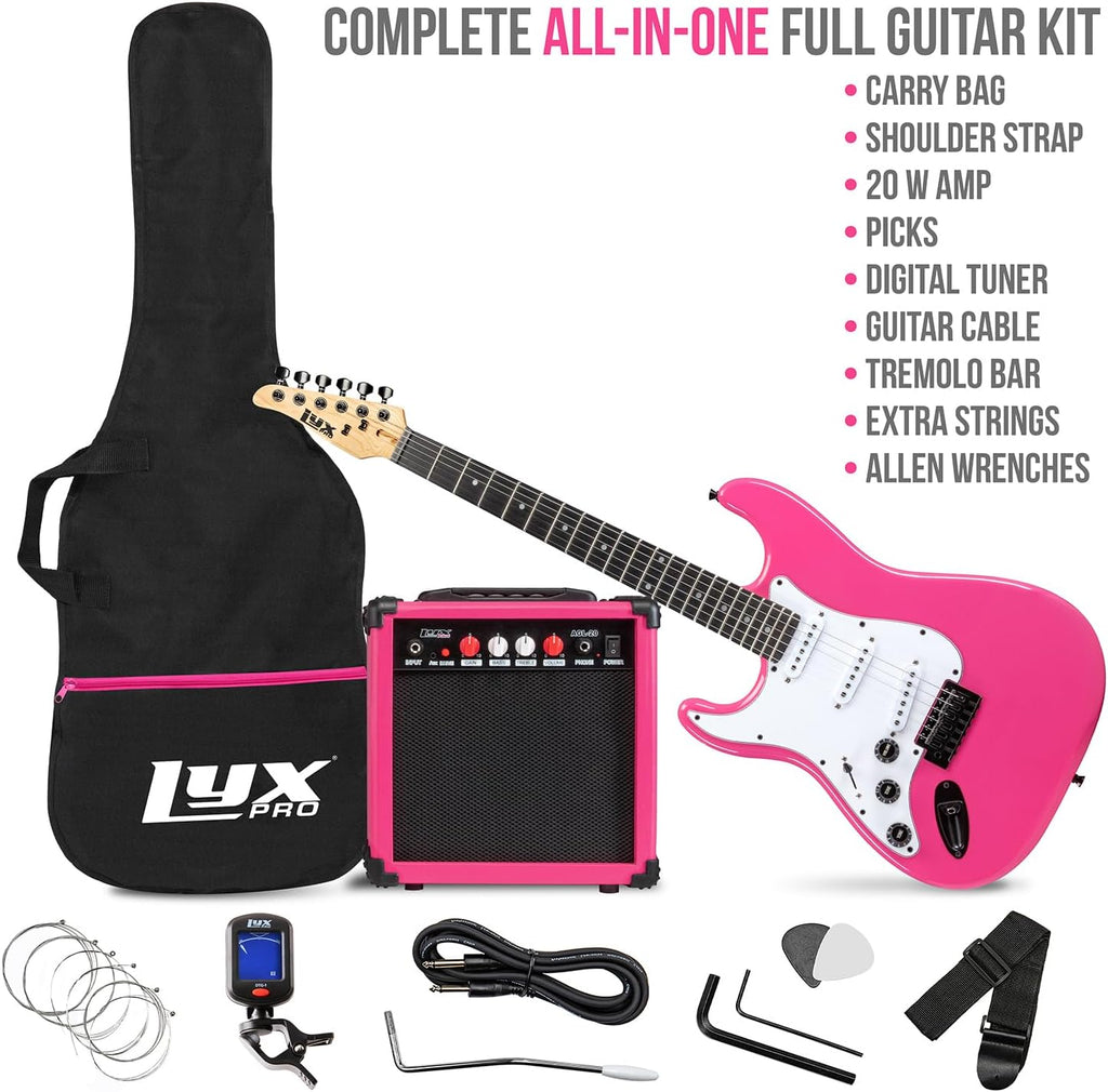 LyxPro Left Hand 39 Inch Electric Guitar and Starter Kit for Lefty Full Size Beginner's Guitar, Amp, Six Strings, Two Picks, Shoulder Strap, Digital Clip On Tuner, Cable and Soft Case - Pink