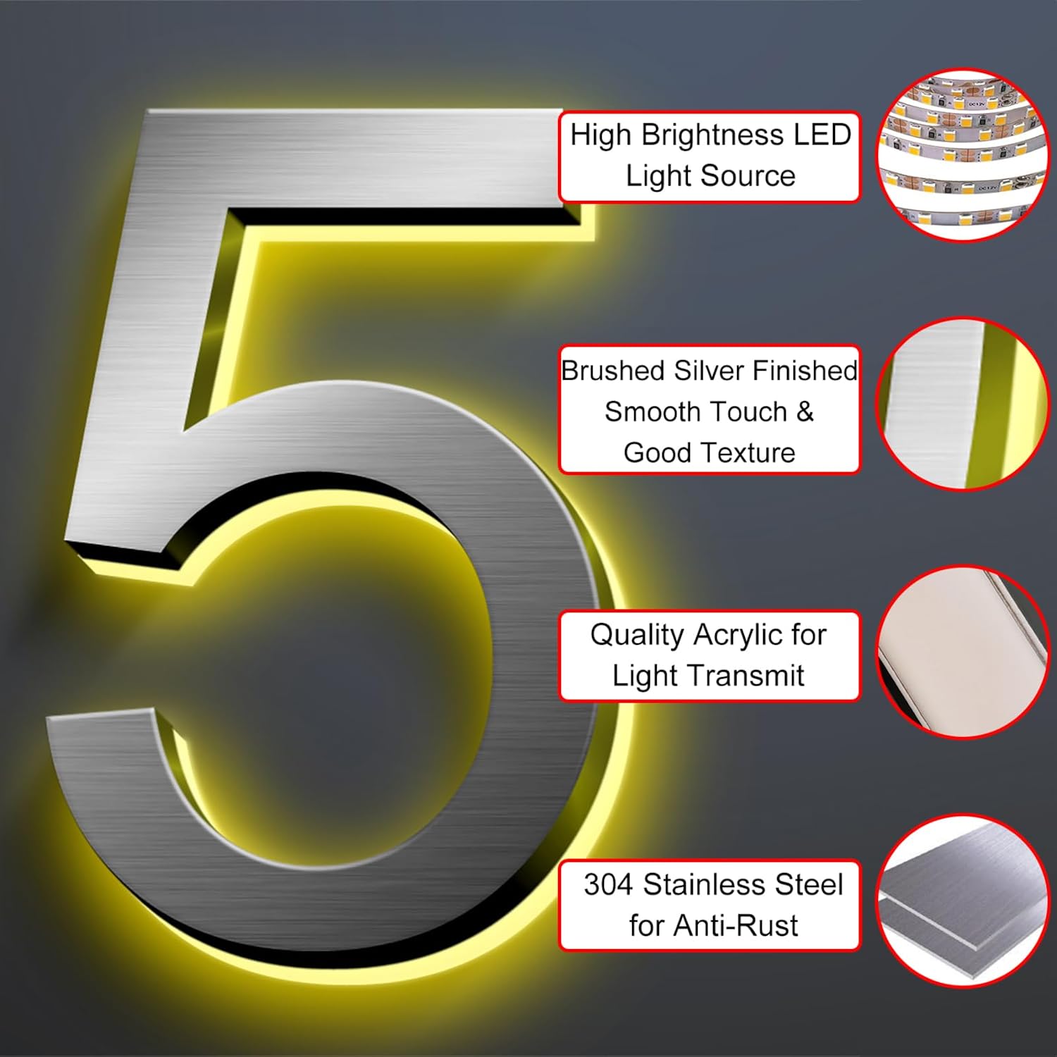 Modern Illuminated Home Address Number, Backlit LED Address Numbers For House, Stainless Steel Lighted Up House Numbers For Outside, Waterproof,16 Inch/400mm,Q