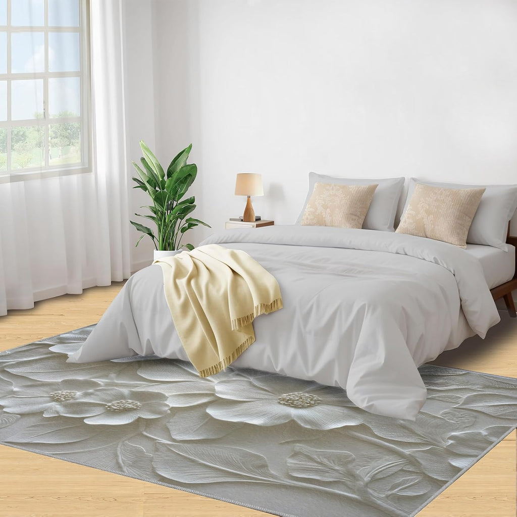 3D Relief Floral Rugs for Bedroom, Modern Relief Rug 6x8, Stereo White Flowers Dining Room Rugs Washable & Non Slip Large Carpet for Home Decor