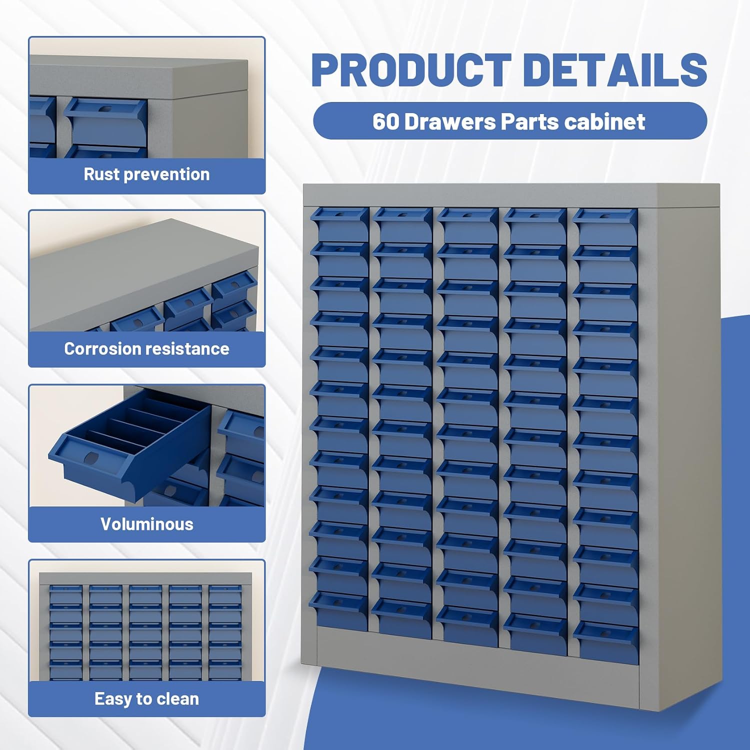 60-Drawer Parts Storage Cabinet, Multi-Purpose Organizer for Screws, Bolts, Nails, Craft Supplies, Legos, Tools, Compact Plastic Drawer Unit, Hardware Organizer for Garage, Workshop, Classroom