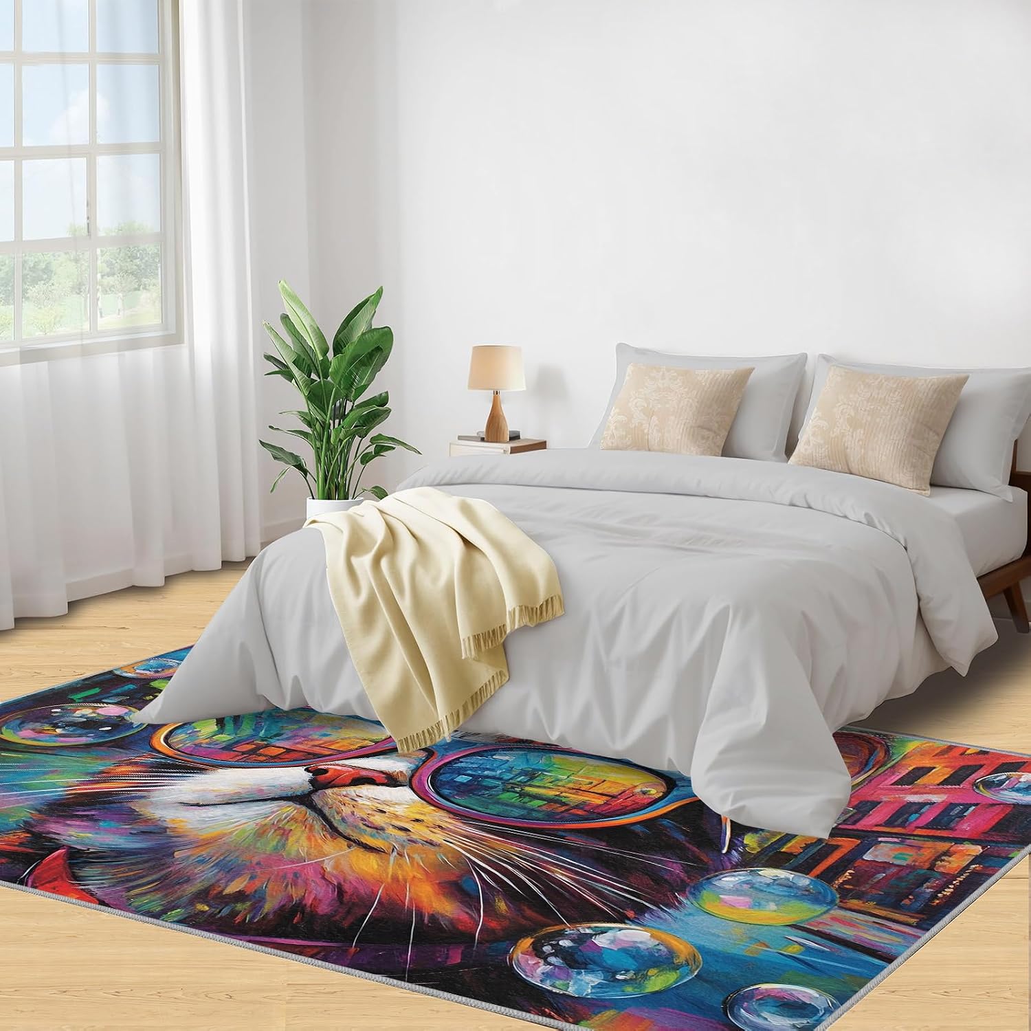 Cat Rug 6x8, Doodle Cat Rugs for Bedroom, Funny Animals Area Rug, Home Decor Rugs for Living Room, Non-Slip Machine Washable Carpet