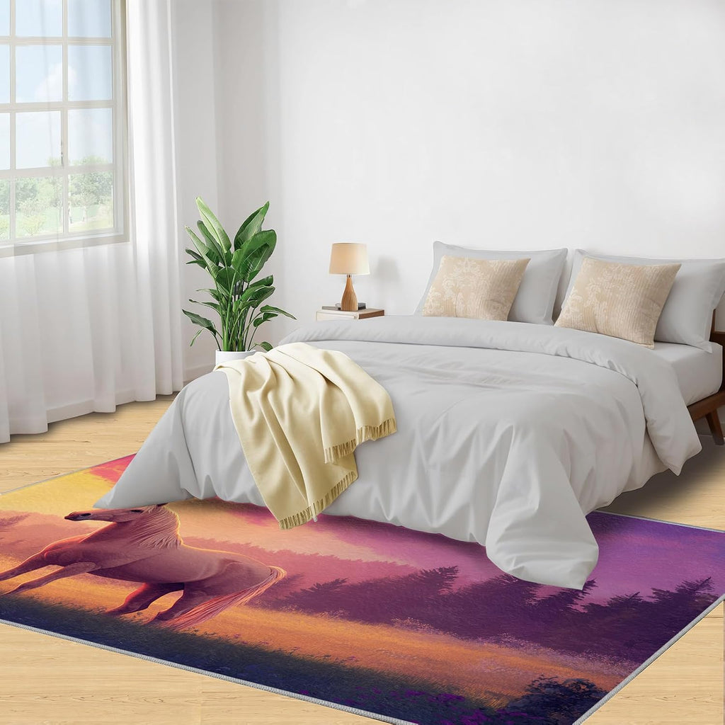 Horse Rug 6x8, Forest Rugs for Living Room, Horse Rugs for Bedroom, Low Pile Washable Area Rug, Non Slip Carpet for Hardwood Floors