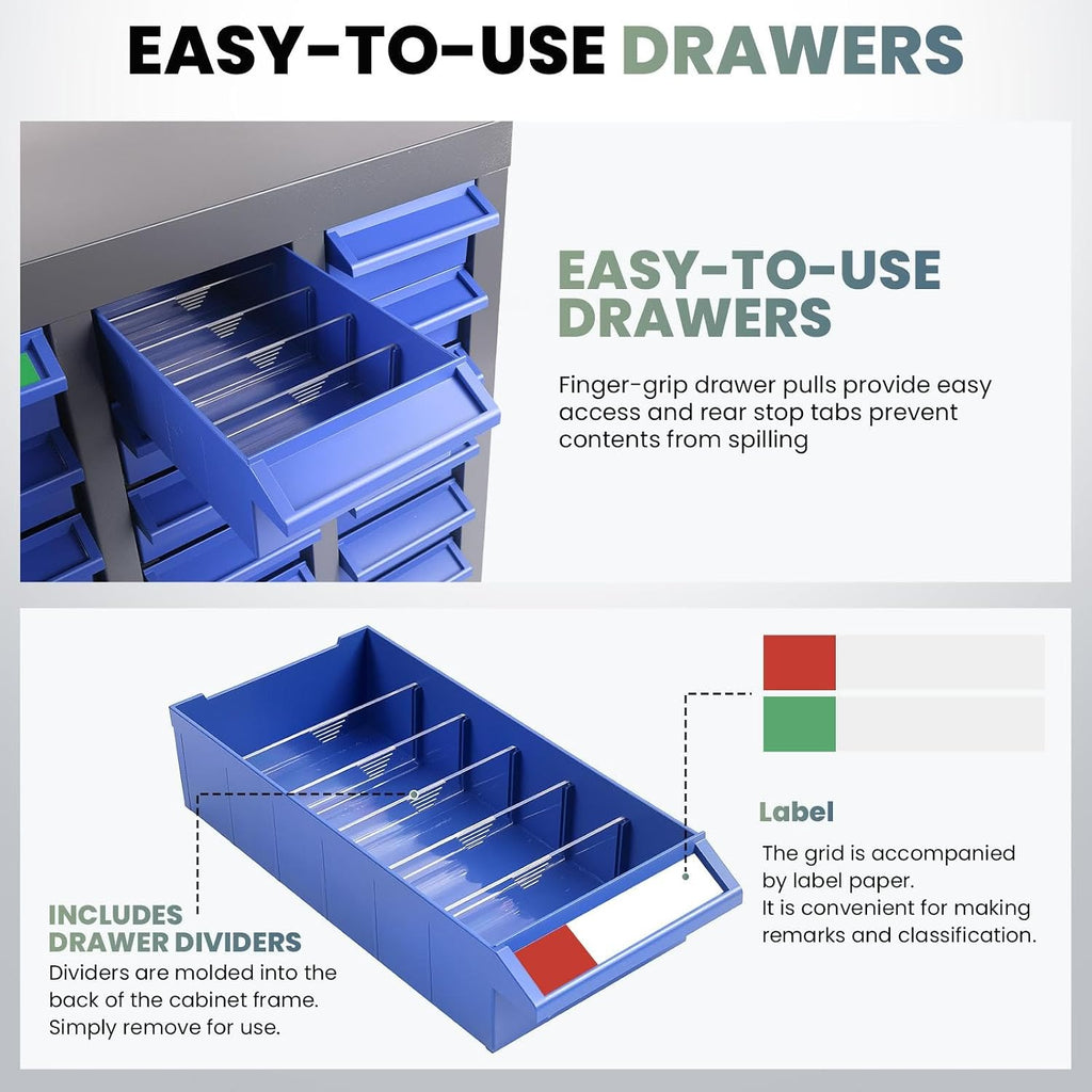 100 Drawers Nut and Bolt Organizer, Stainless Steel Parts Cabinet with 500 Dividers & 200 Labels, Bolt Bin Cabinets for Workshop Tool & Hardware Storage and Organization, Blue Grey