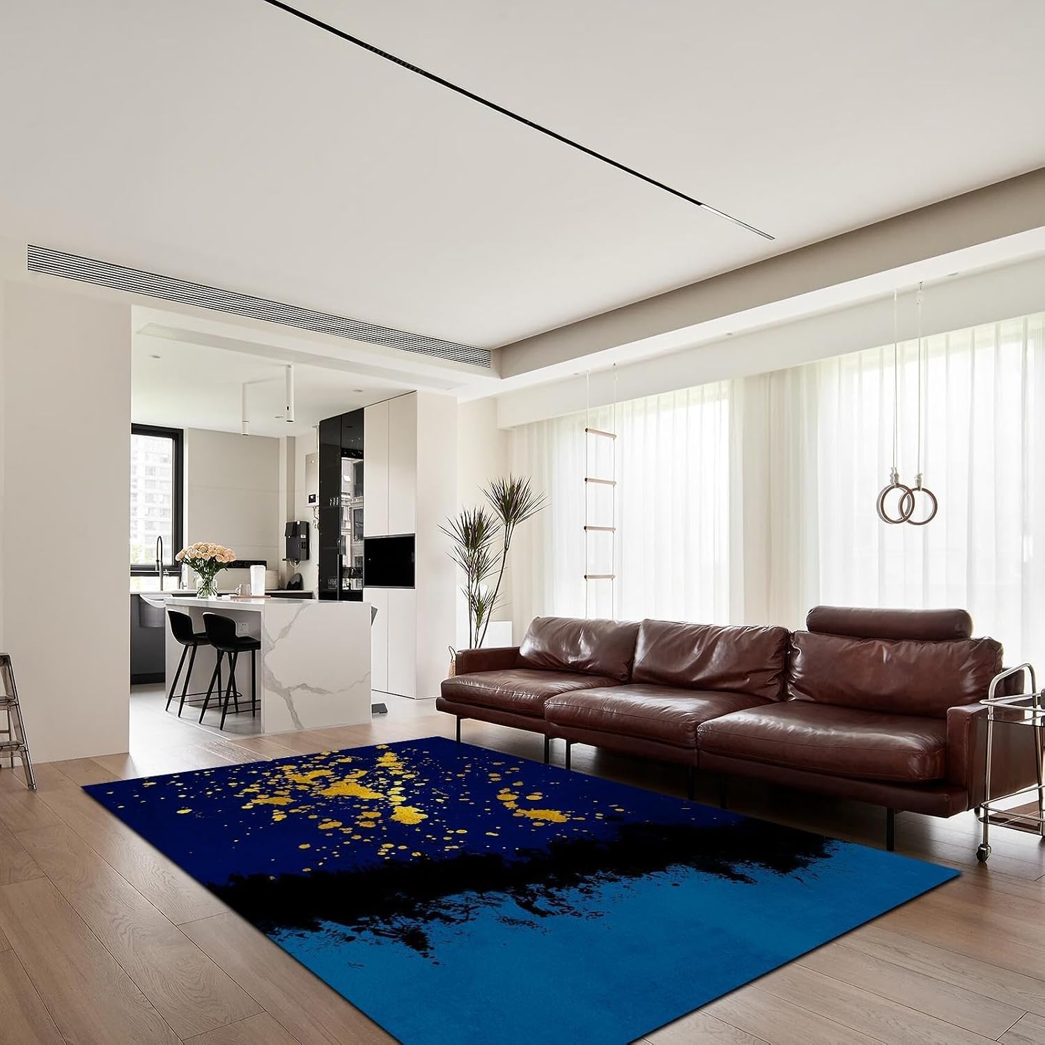 6x8 Rug Blue Black Gold Ink Texture Non-Slip Kids Rug, Abstract Vintage Watercolor Art Upholstery Rug with Non-Slip Backing for Kids Boys Girls Bedroom Living Room Dining Room Study
