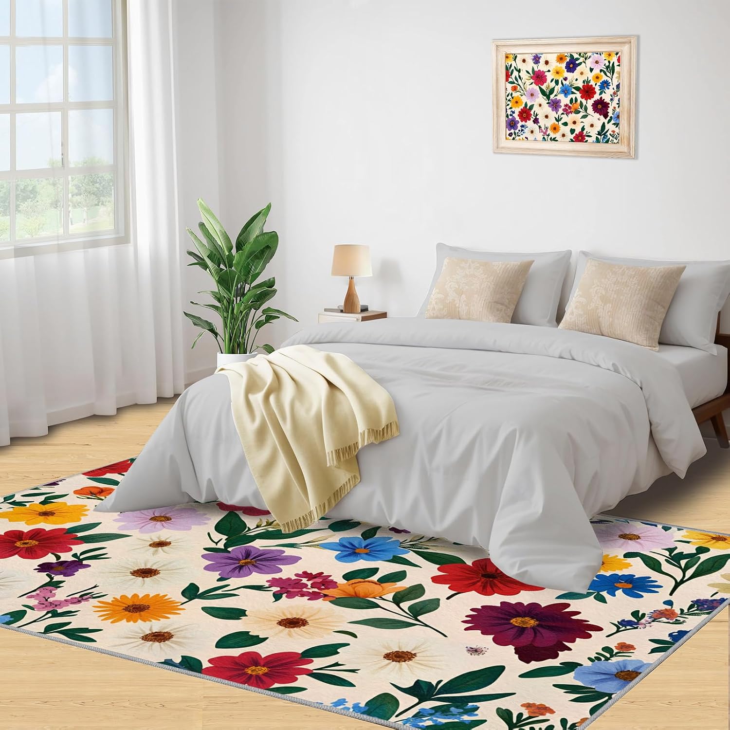 Floral Rugs for Living Room 6x8 Rug, Vintage Floral Area Rug, Boho Flowers Rugs, Large Machine Washable Rug, Non-Slip Floor Carpet for Bedroom Kids Room Home Decor