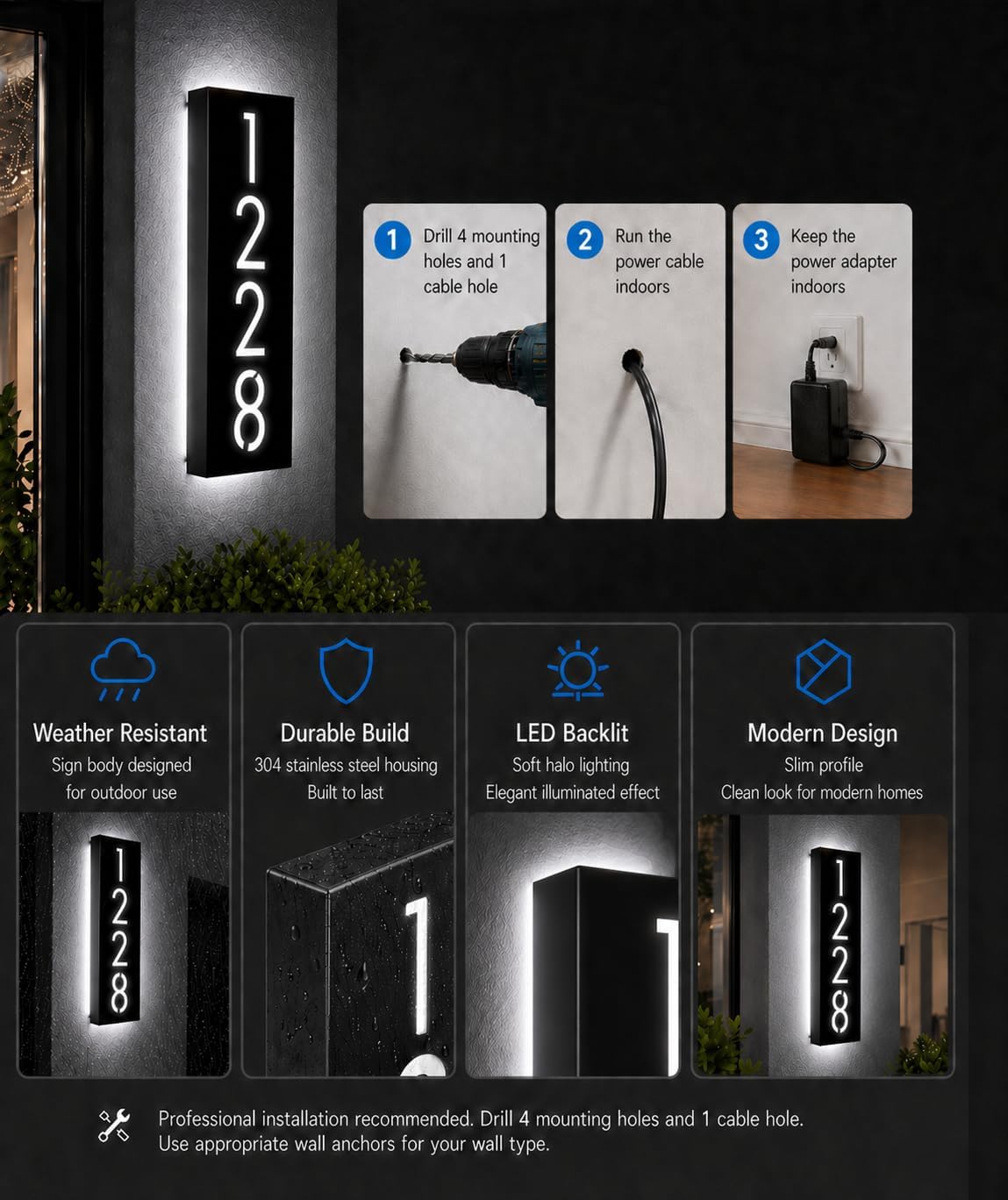 Customizable 12V LED Lighted Address Plaque, Backlit House Number Sign with 304 Stainless Steel Exterior (Only white light)