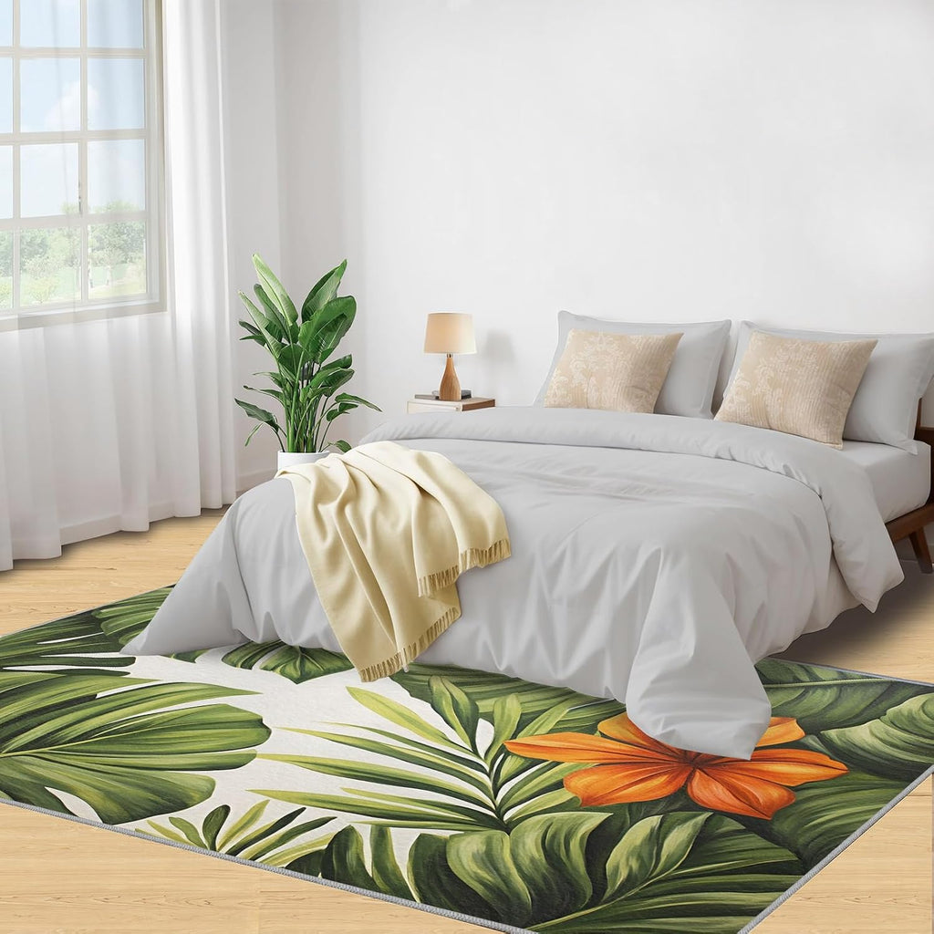 Hibiscus Monstera Rugs for Bedroom - 6x8 Rug, Floral Area Rugs for Living Room, Green Botanical Carpet, Botanical Washable Area Mat, Tropical Leaves Carpet, Floral Home Decor & Gifts