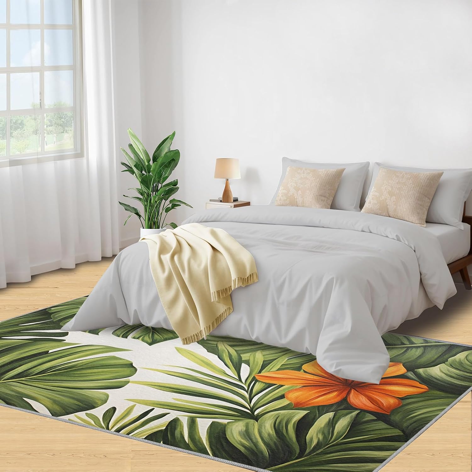 Hibiscus Monstera Rugs for Bedroom - 6x8 Rug, Floral Area Rugs for Living Room, Green Botanical Carpet, Botanical Washable Area Mat, Tropical Leaves Carpet, Floral Home Decor & Gifts