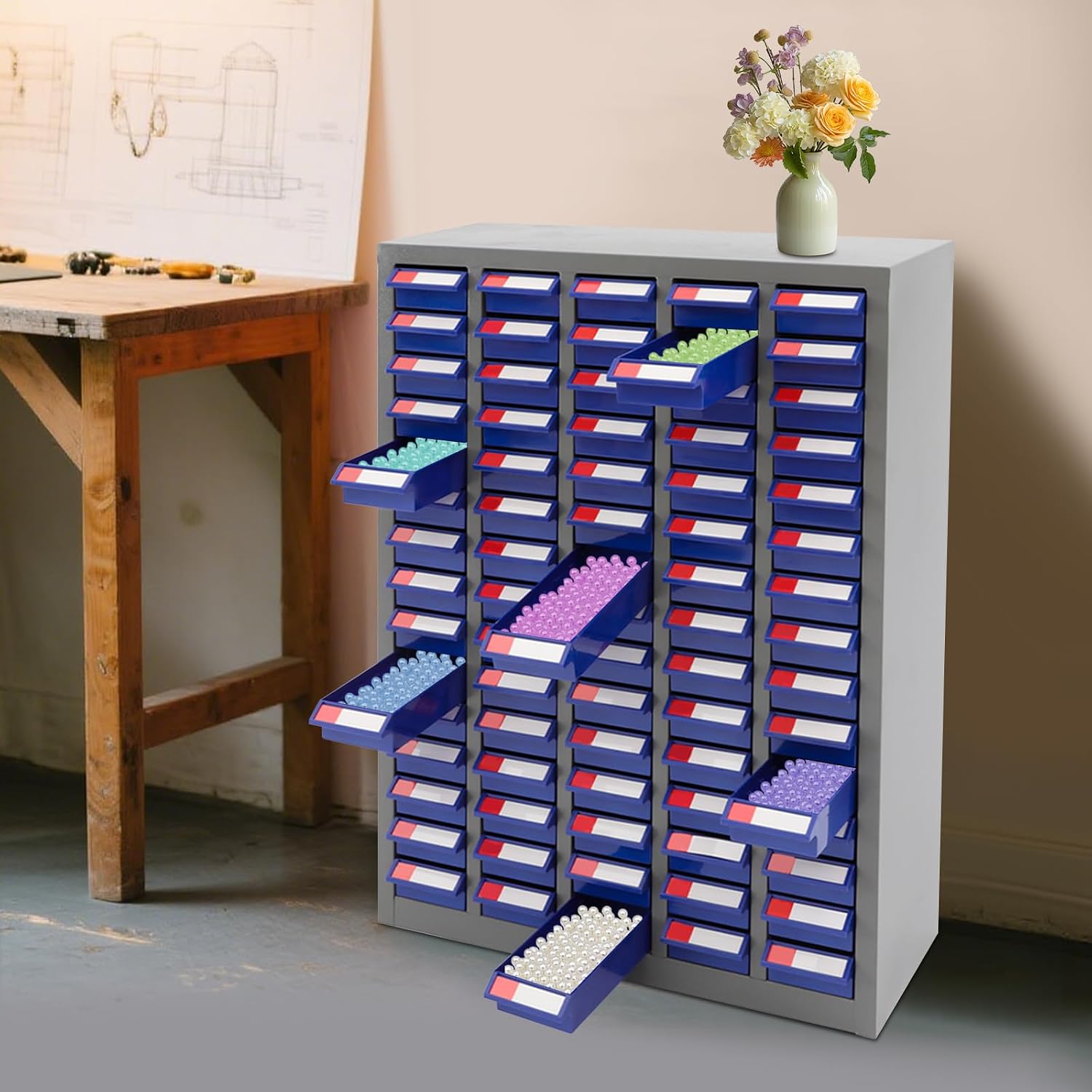 Parts Cabinet, 75 Drawers Bolt and Nut Tool Storage Cabinet, Nuts and Bolts Storage Organizer for Garage Warehouse, Part Organization Shelves with Cold-Rolled Steel Material for Tool Hardware (Blue)