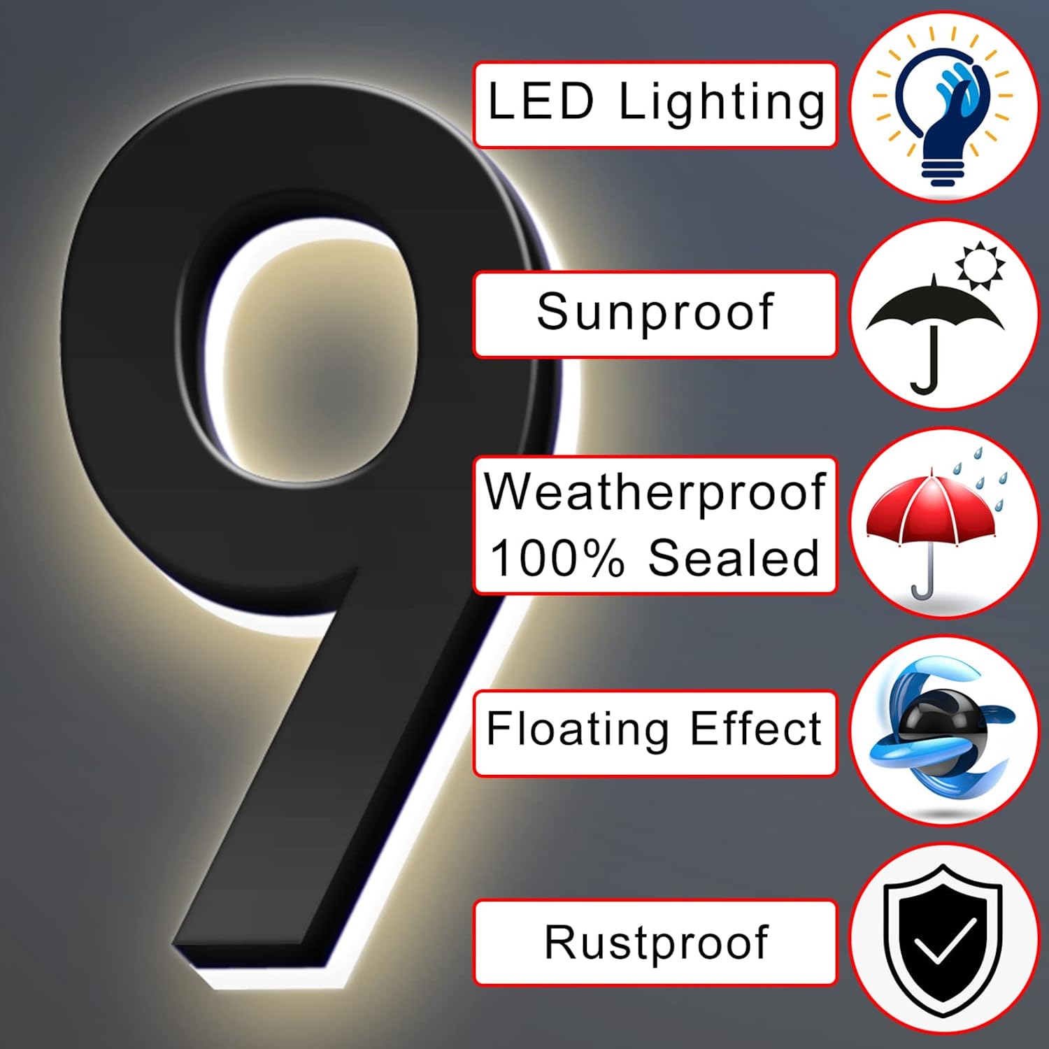 Backlit Illuminated LED House Numbers, Matte Black, Address Signs Lighted Plaque, Outdoor/Indoor, Modern, Weatherproof And Corrosion Resistant, Day & Night,18 Inch/45cm,2
