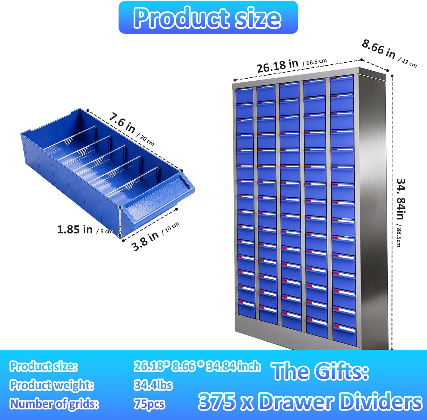 75 Drawers Nut and Bolt Organizer, 36' H x 26' D x 9' W Bolt and Nut Tool Storage Cabinet with Acrylic Adjustable Shelves & Label Stickers, Alloy Steel Parts Cabinet for Garage, Workshop, Factory