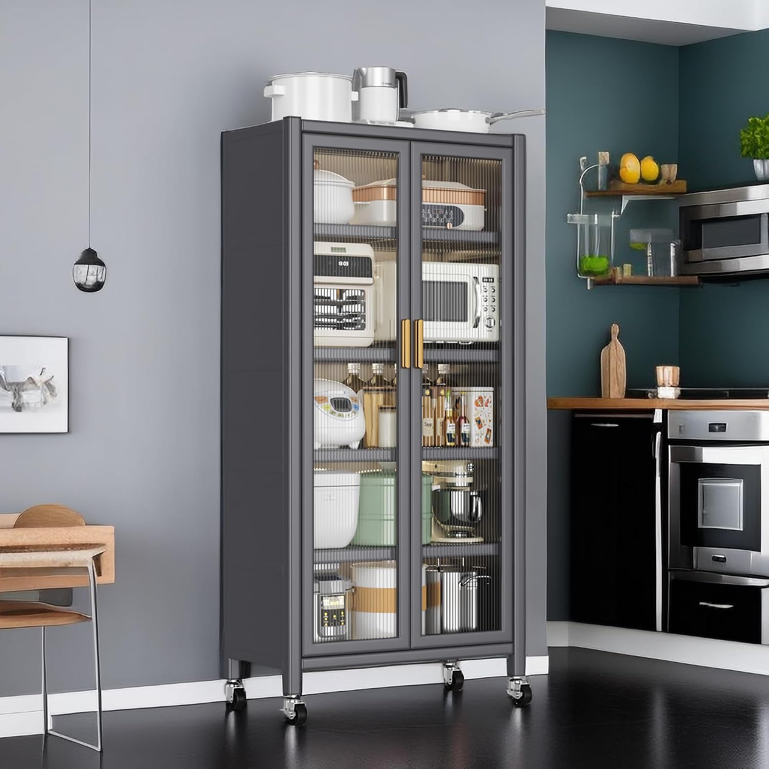 65-Inch Tall Kitchen Bakers Rack with Flip Door Cabinet, 5-Tier Microwave Stand and Coffee Bar, Pantry Storage with Pegboard Hooks, Quick Assembly, White,GreyMetalAmericanDes