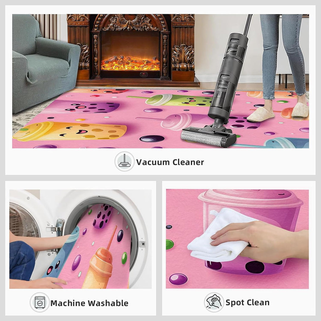 Pink Rugs for Living Room, Boba Print Rug, Cartoon Girl Washable Rugs for Bedroom, Low Pile & Non Slip, Indoor Carpet, 6x8 Area Rug & Home Decor