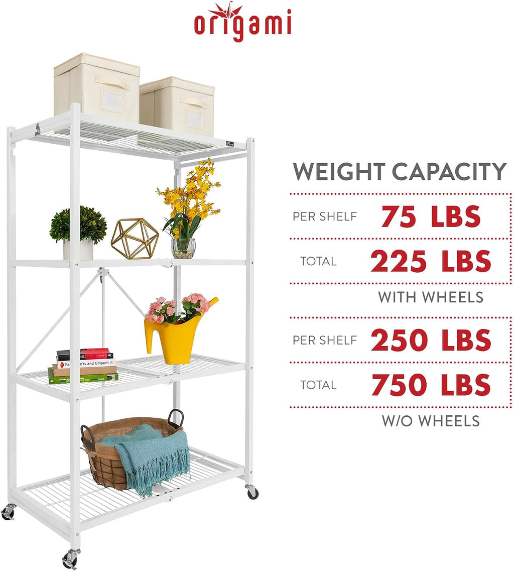 Origami R5 Foldable 4-Tier Garage Shelving Heavy Duty Shelving with Wheels, Metal Storage Rack Holds 1000 pounds, Garage Storage Rack & Organization, Storage Shelving (White, R5)