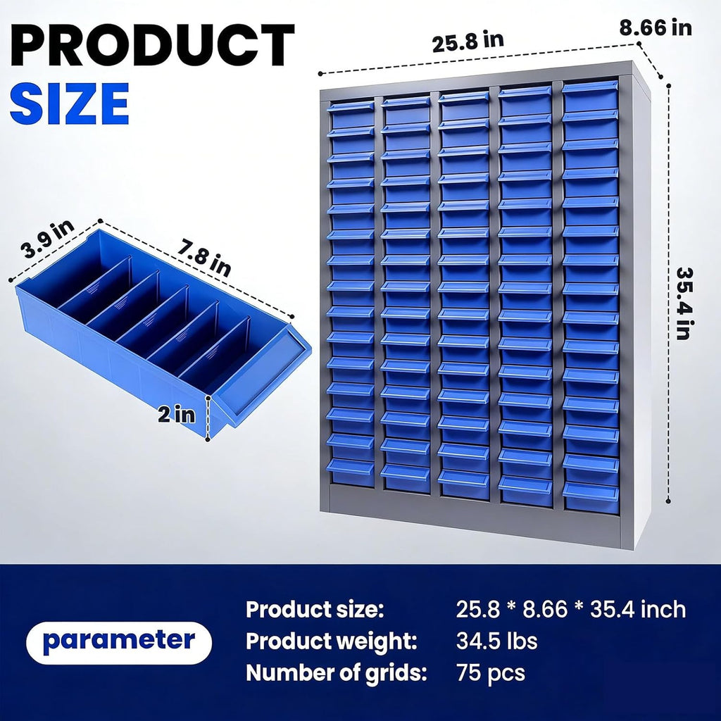 Freestanding 75 Drawer Small Parts Organizer, Blue ABS Drawer Cabinet with Label Panel and Shelf, Hardware Storage System for Workshops, Repair Stations