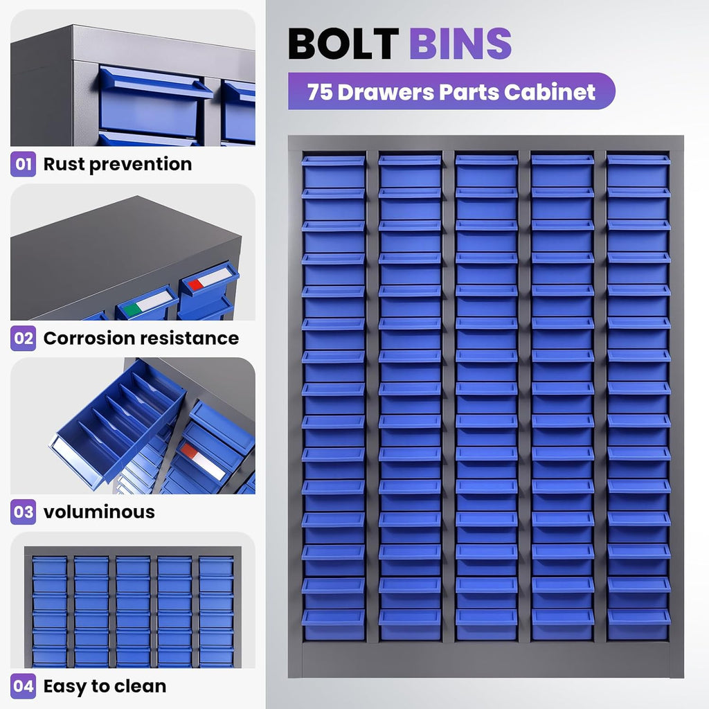 75 Drawers Parts Cabinet, Alloy Steel Nut and Bolt Organizer, Bolt Organizer with Adjustable Shelves and Label Stickers for Workshop Garage Tool and Hardware Storage and Organizers
