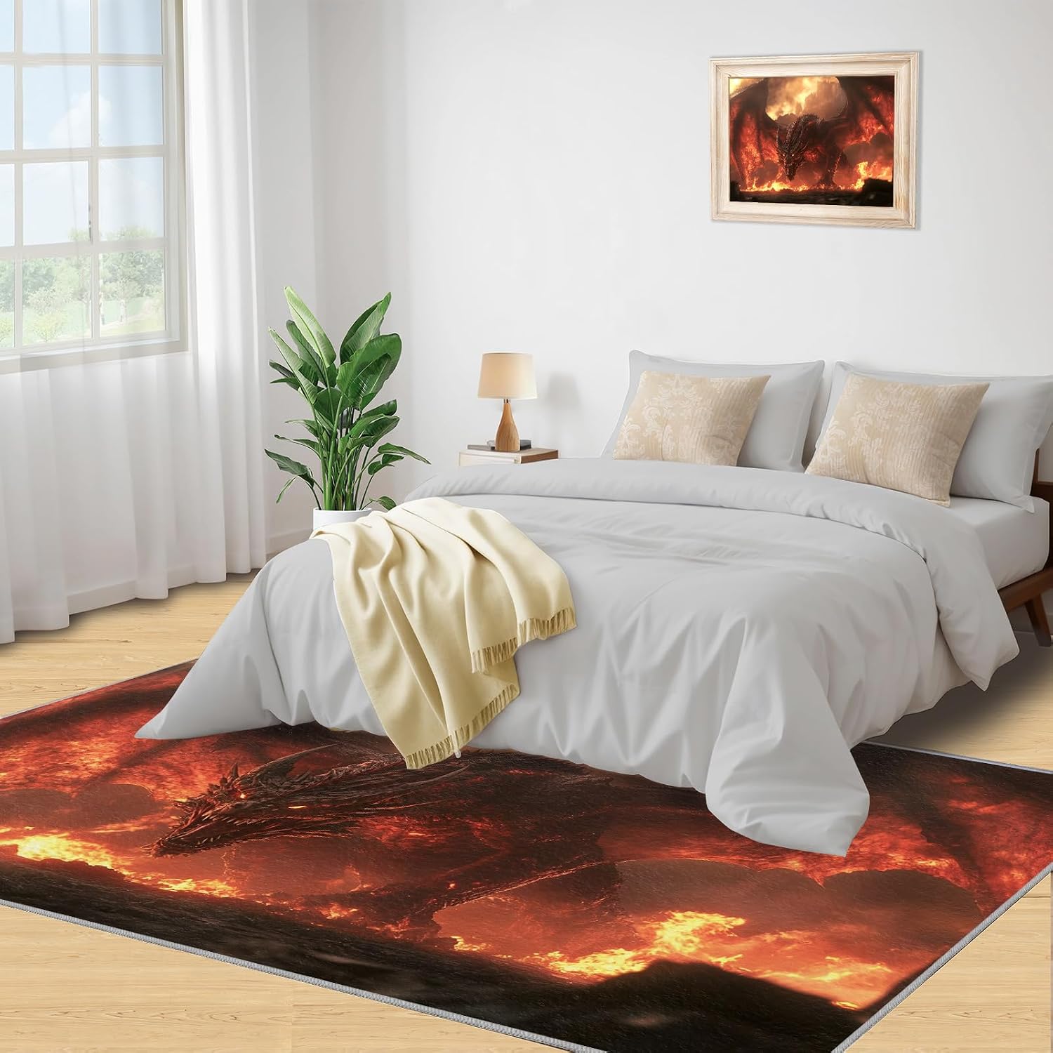 Flame Dragon Area Rug, Dragon Attack Print Rugs, Machine Washable Kids Rug for Living Room Bedroom Children's Room Dormitory Decor Floor Mat 6x8
