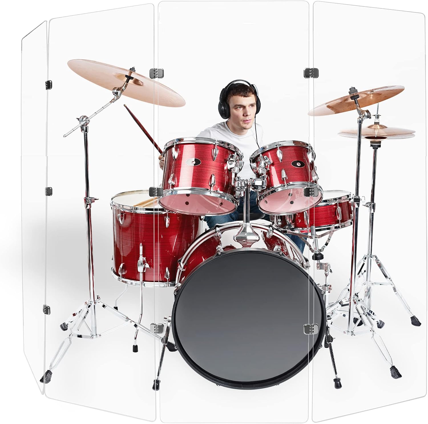 PENNZONI Drum Shield 6ft w/Chrome Hinges, Comes w/ 4 Drum Panels, & 9 Chrome Hinges, Premium Clear Acrylic Panels, Drum Screen