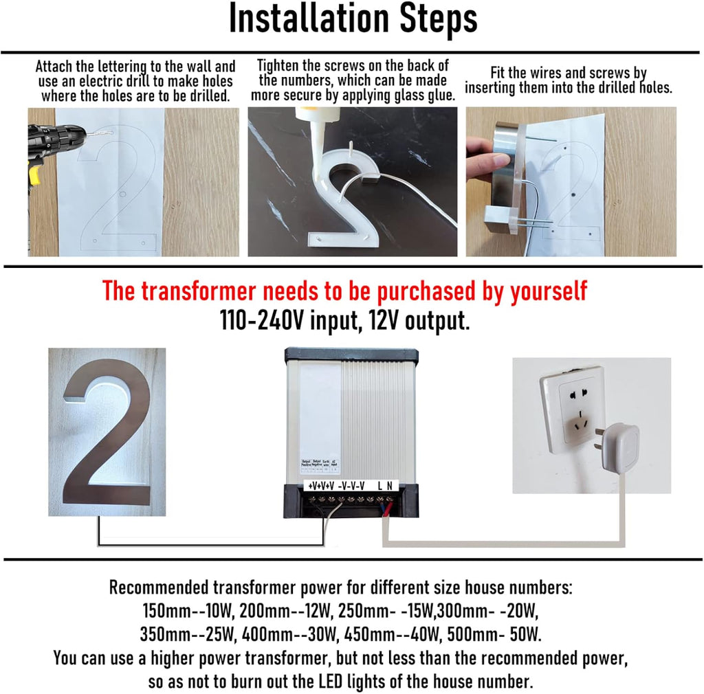 Stainless Steel Backlit LED Address Numbers For House, 14' Modern Large Illuminated House Number Plaque For Wall, Lighted Up House Numbers For Outside,K