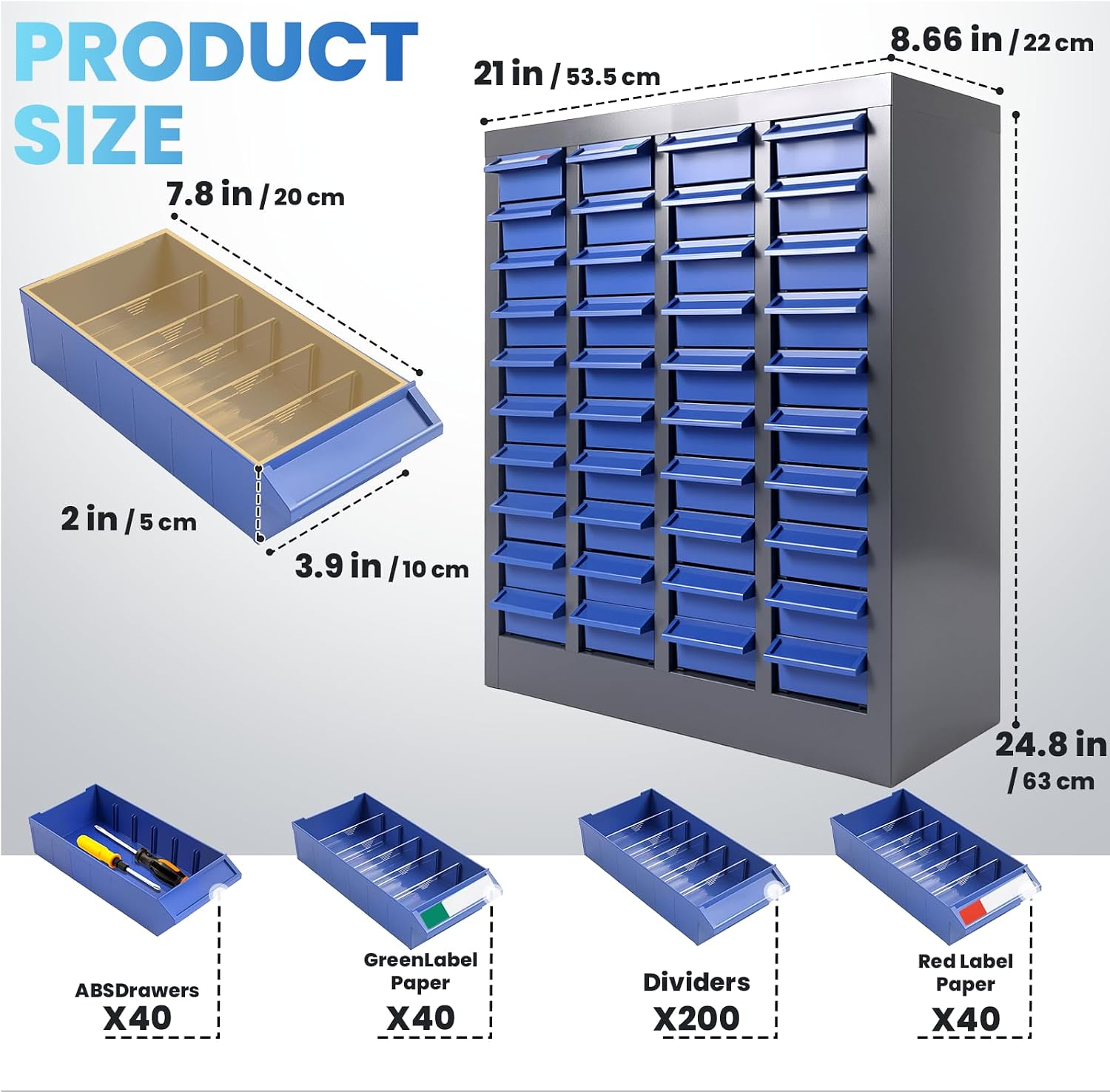 40 Drawer Nut and Bolt Organizer, Parts Cabinet with Shelf and Label, ABS Material Bolt Bin, Blue Bolt Bins Organizer for Shop, Nuts and Bolts Organizers for Tool Hardware Storage