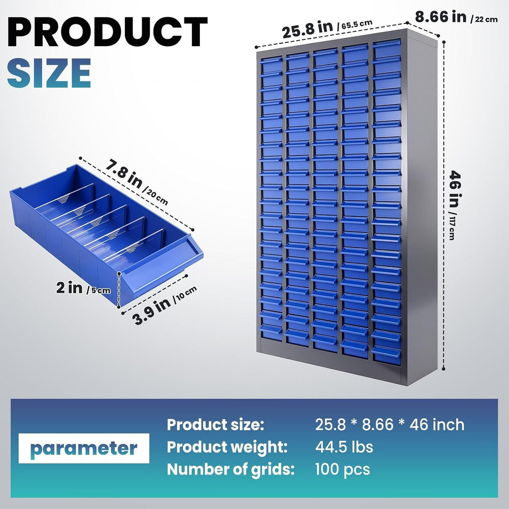 Parts Organizer Cabinet: 920LB Capacity Nut and Bolt Organizer with Label System, Non-Slip Base Heavy-Duty Bolt Bin for Garage, Workshop or Office Tool Storage, 26x9x46 Inch (100 Drawers)