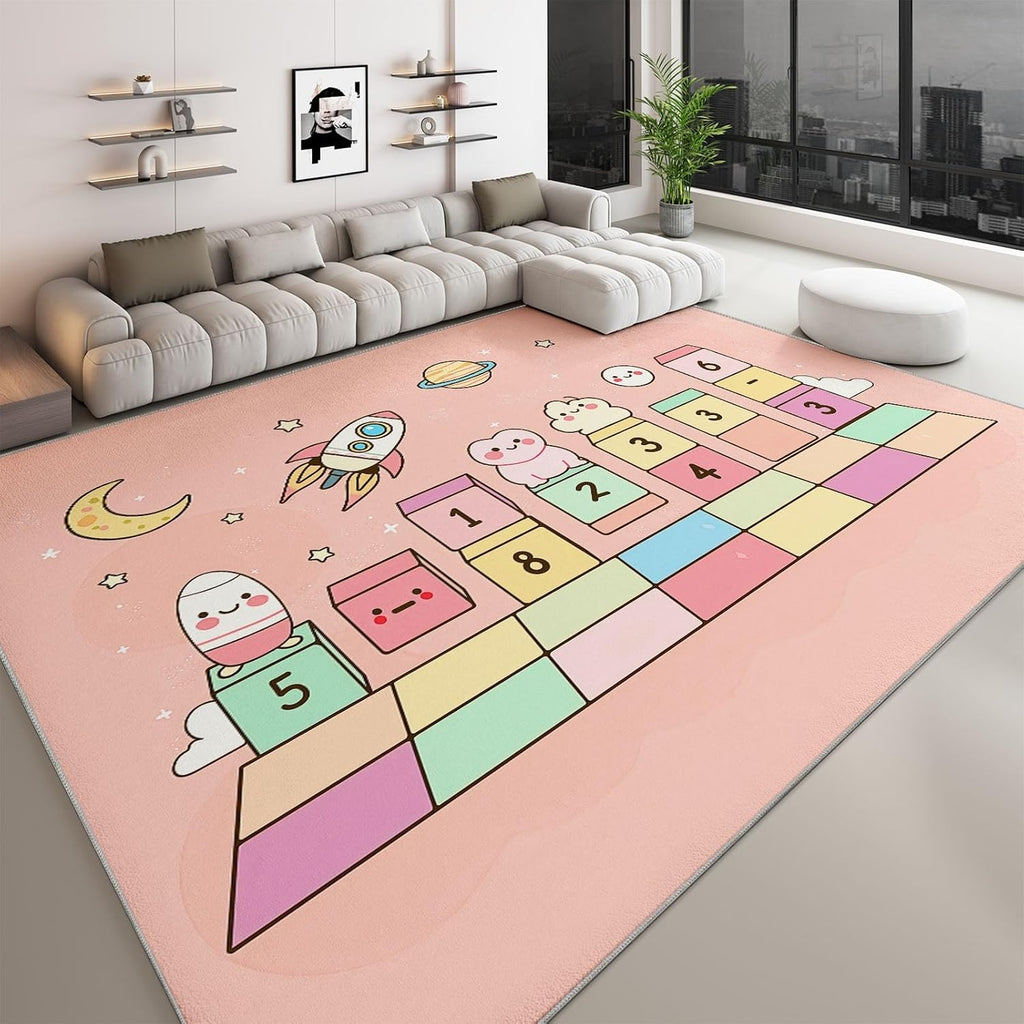 Cartoon Space Geometric Squares Print Area Rug 5 x 7 ft Washable, Pink Non-Slip Floor Mat - Soft Low-Plie Faux Wool Carpet for Bedroom Living Room Kitchen Entryway Pet Friendly Rug